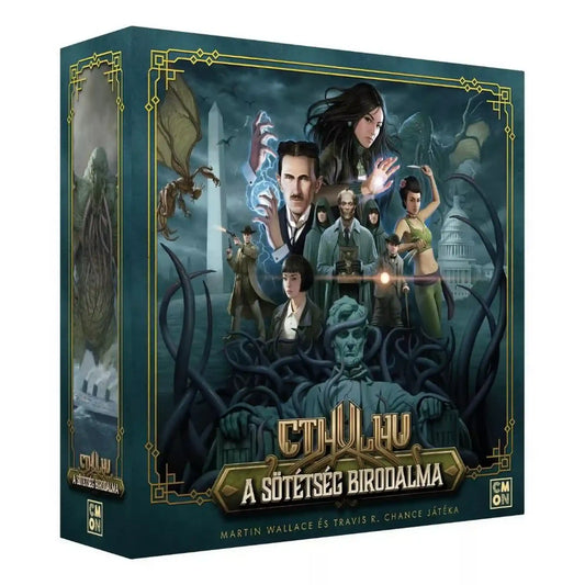 Cthulhu: A sötétség birodalma társasjáték doboza 3D nézetben, Lovecrafti hangulatú borítóval, szereplőkkel és szörnyekkel