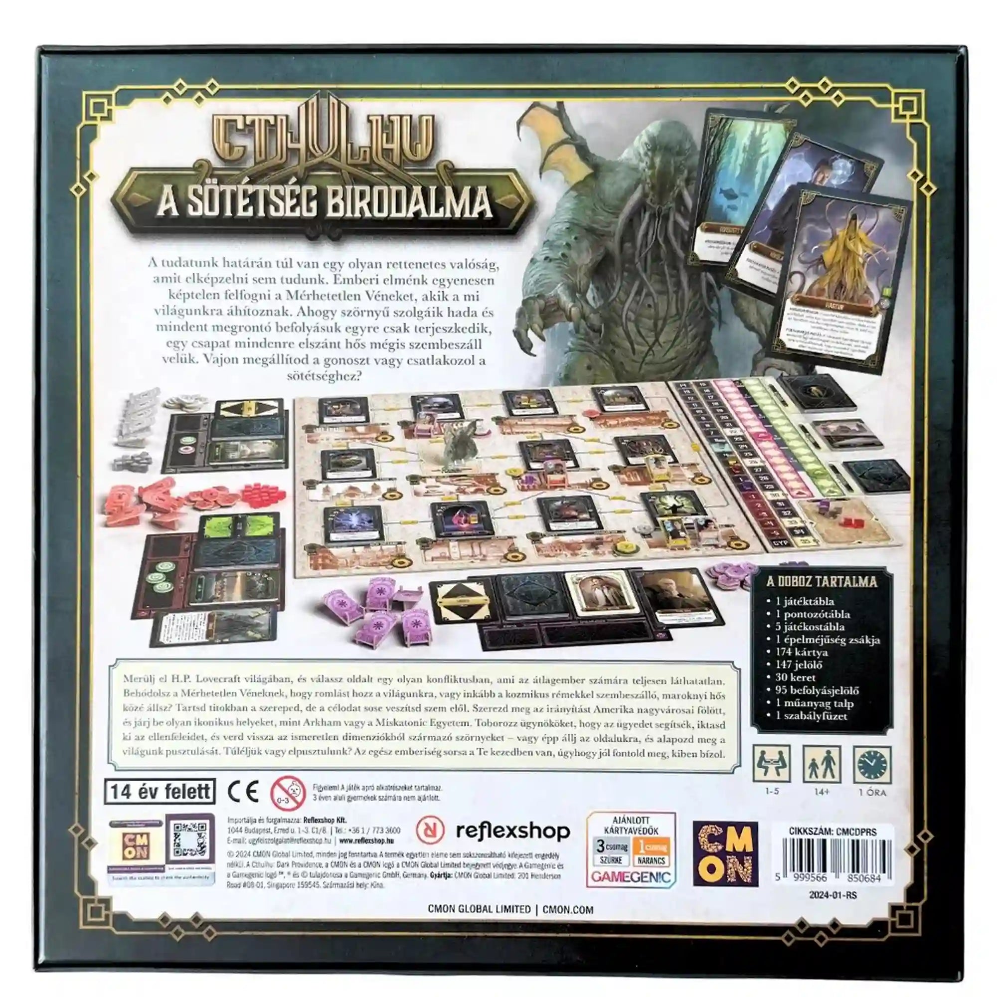 Cthulhu: A sötétség birodalma társasjáték doboz hátoldala, játékmenet bemutatásával, komponensekkel és részletes leírással, Cthulhu grafikával