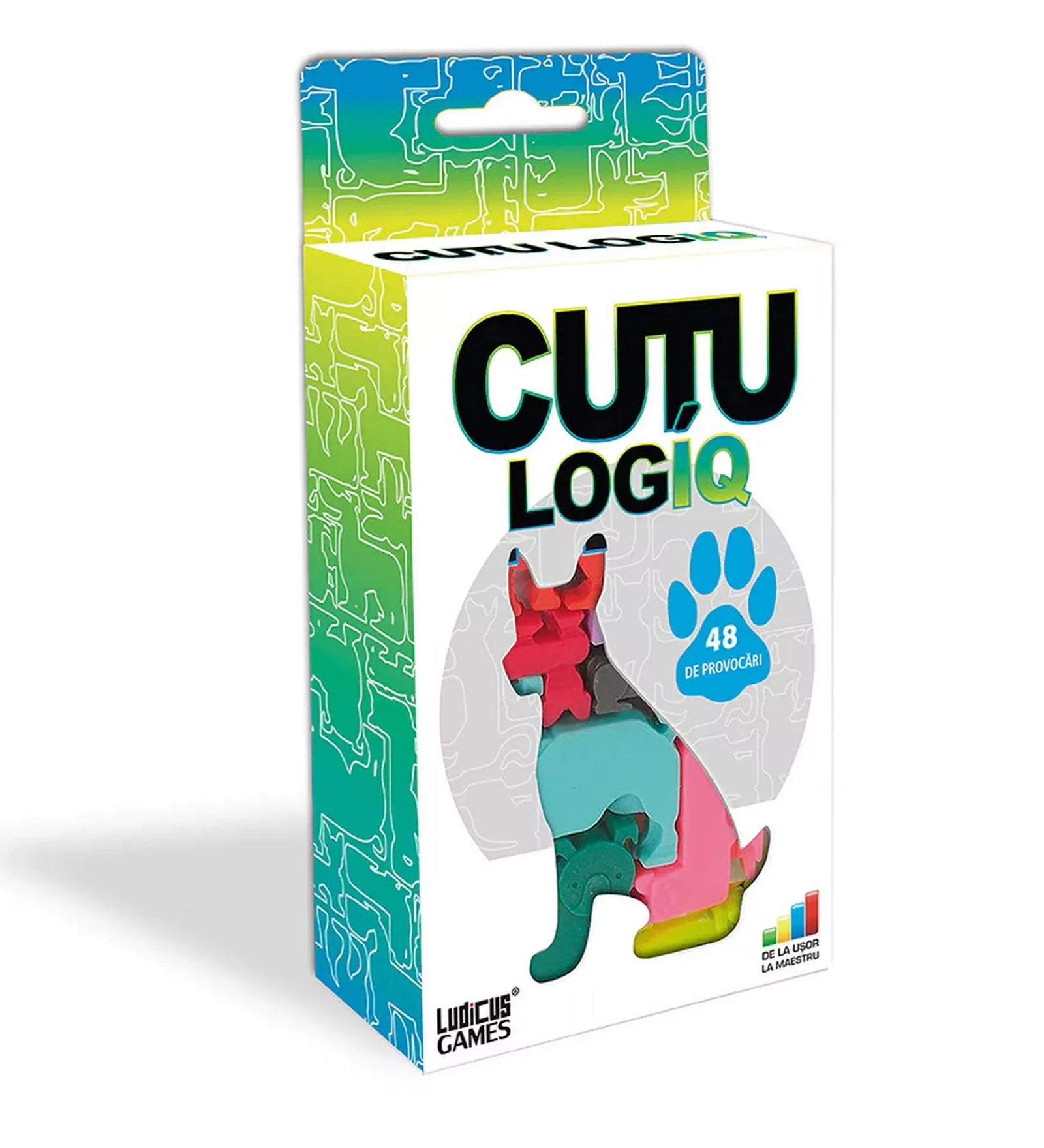 „A Cutu Logiq logikai játék doboza, színes kutyus alakú puzzle-elemekkel és 48 kihívást jelző ikonokkal.”