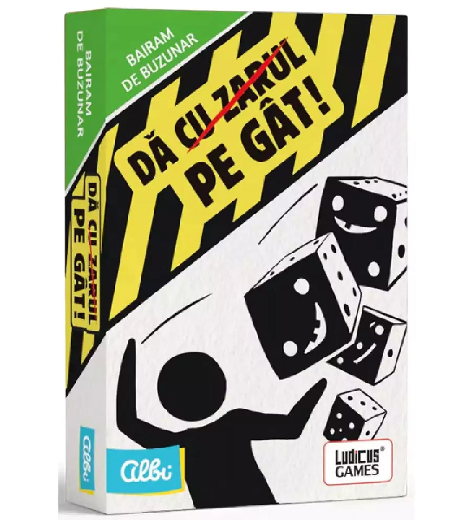 A "Dă, cu Zarul pe Gât!" játék dobozának előlapja, fekete-fehér grafikával és mosolygós dobókockák ábrázolásával.