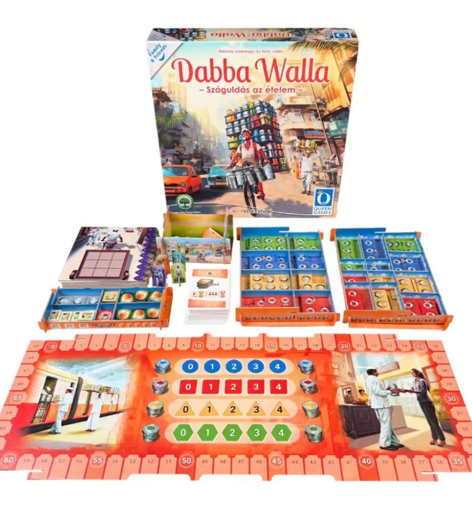 A Dabba Walla társasjáték teljes tartalma: játéktábla, doboz, tárolók, dabbalapkák, kártyák, jelölők és pontozósáv áttekinthetően elrendezve.