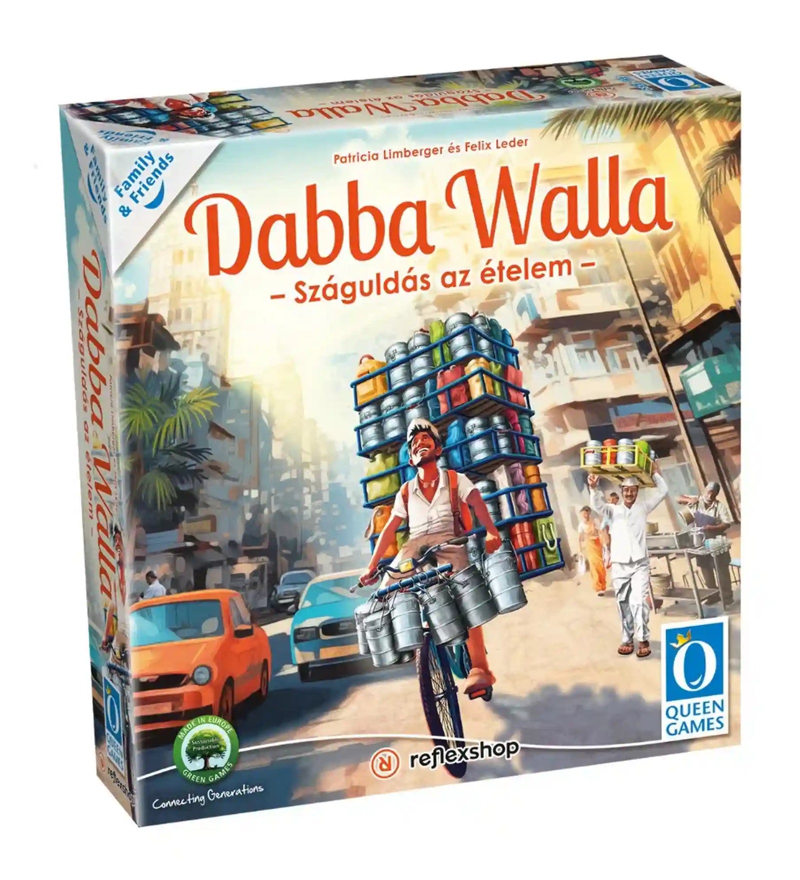 A Dabba Walla társasjáték doboza, amely egy mumbai ételfutárt ábrázol biciklivel, magasra pakolt ételhordókkal a zsúfolt városi forgatagban.