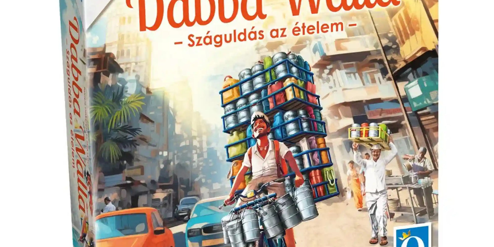 A Dabba Walla társasjáték doboza, amely egy mumbai ételfutárt ábrázol biciklivel, magasra pakolt ételhordókkal a zsúfolt városi forgatagban.