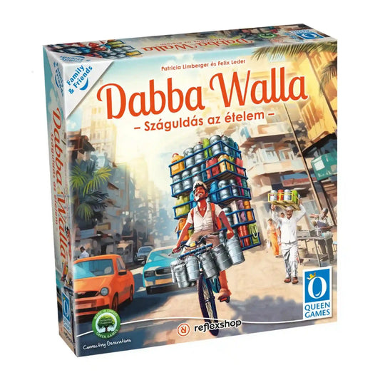 A Dabba Walla társasjáték doboza, amely egy mumbai ételfutárt ábrázol biciklivel, magasra pakolt ételhordókkal a zsúfolt városi forgatagban.