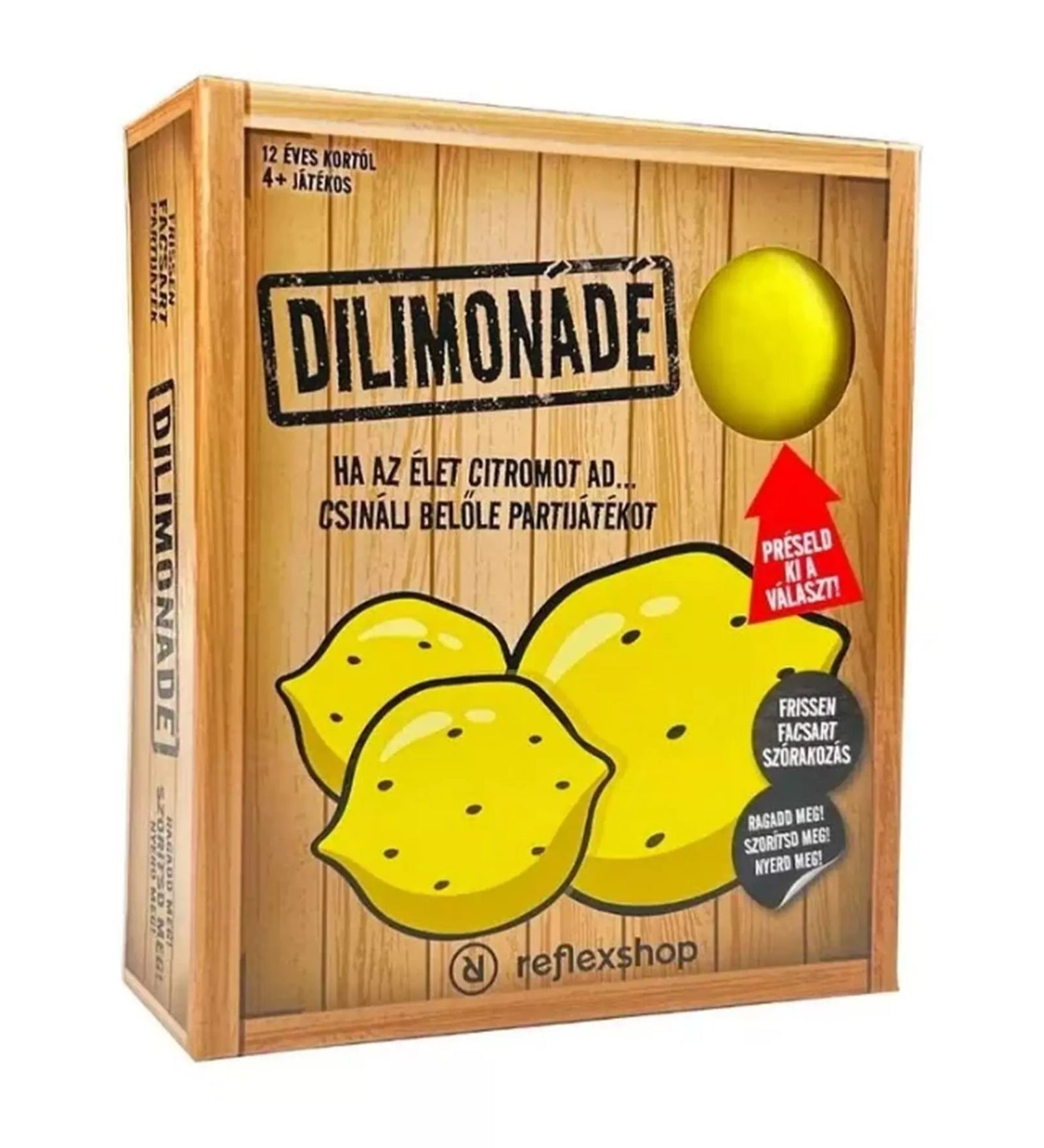 A DILIMONÁDÉ partijáték doboza elölről, fából mintázott dizájnnal, citromok illusztrációival, és egy valódi citrom formájú gumilabda látható a doboz tetején.