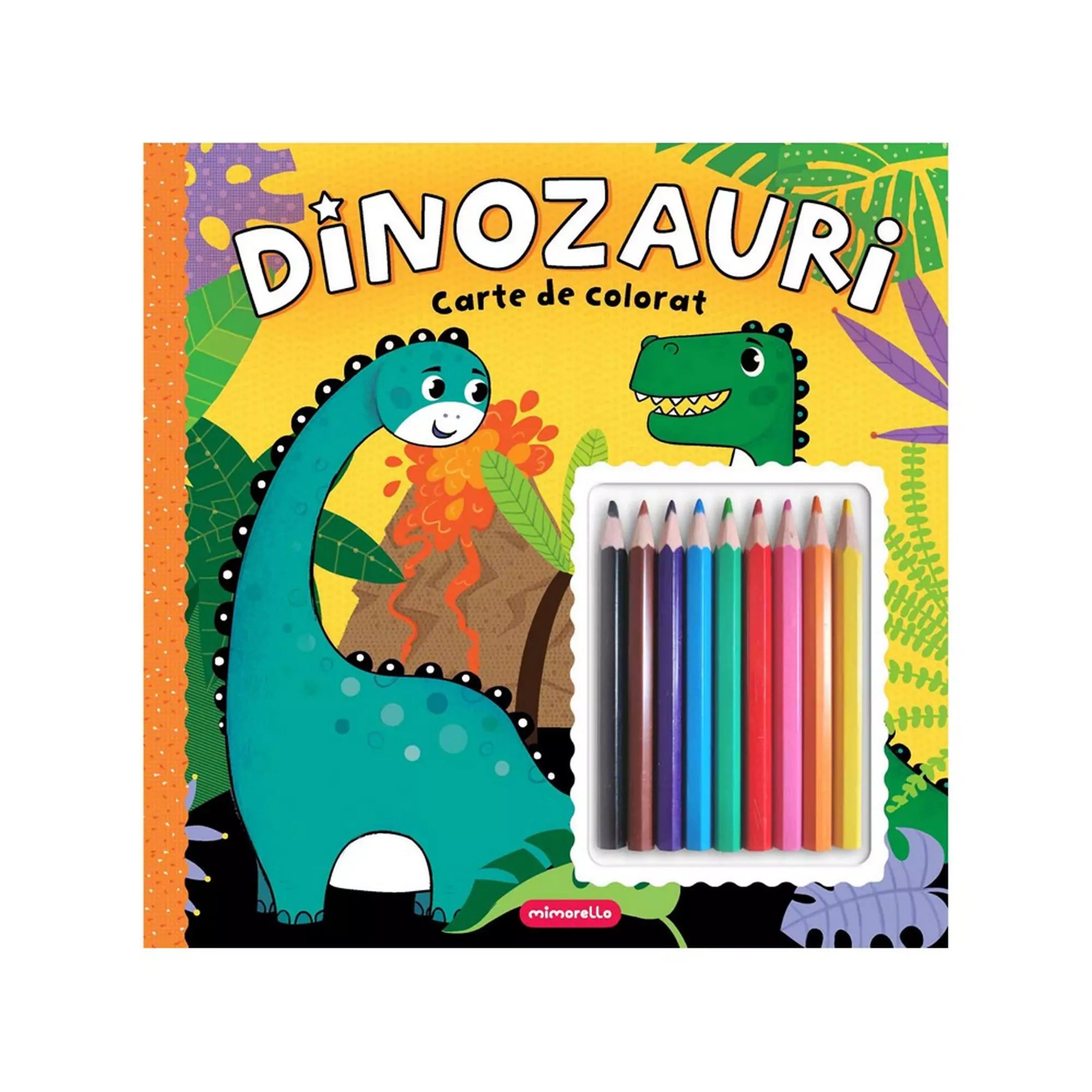 A „Dinozauri Carte de colorat” színező könyv borítója, amelyen egy mosolygós kék dinoszaurusz és egy zöld dinoszaurusz látható, körülöttük trópusi növényekkel, és a könyv melletti színes ceruzák kiemelve.