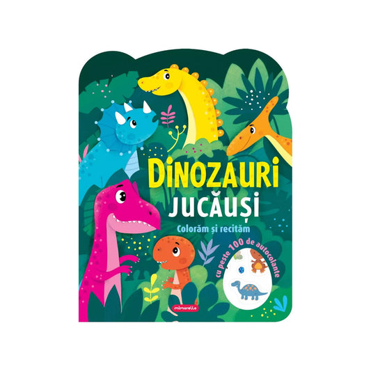 A „Dinozauri jucăuși, Colorăm și recităm borító” borítóján mosolygós, színes dinoszauruszok láthatók trópusi háttérben, pálmafákkal és növényekkel díszítve. A vidám illusztráció a könyv játékos és szórakoztató hangulatát tükrözi.