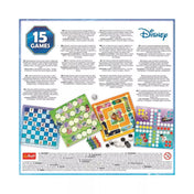 A Trefl Disney 15 az 1-ben játékszett hátoldala, amely bemutatja a készletben található 15 klasszikus társasjátékot. A képen több játéktábla látható, köztük sakk, malom és ember ne mérgelődj, Disney karakterekkel díszítve.