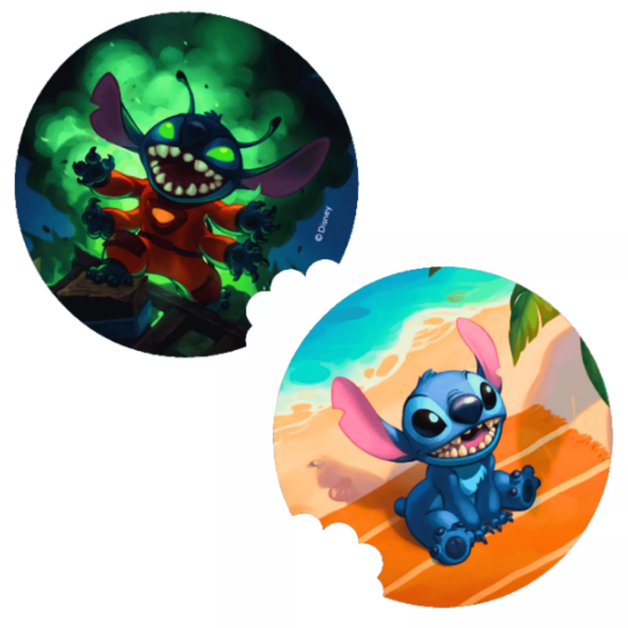 Disney Stitch játék kétoldalas Stitch jelzőkorongjai, az egyik oldalon vad, zöld fényben ábrázolt Stitch, a másikon barátságos, mosolygó Stitch a tengerparton.