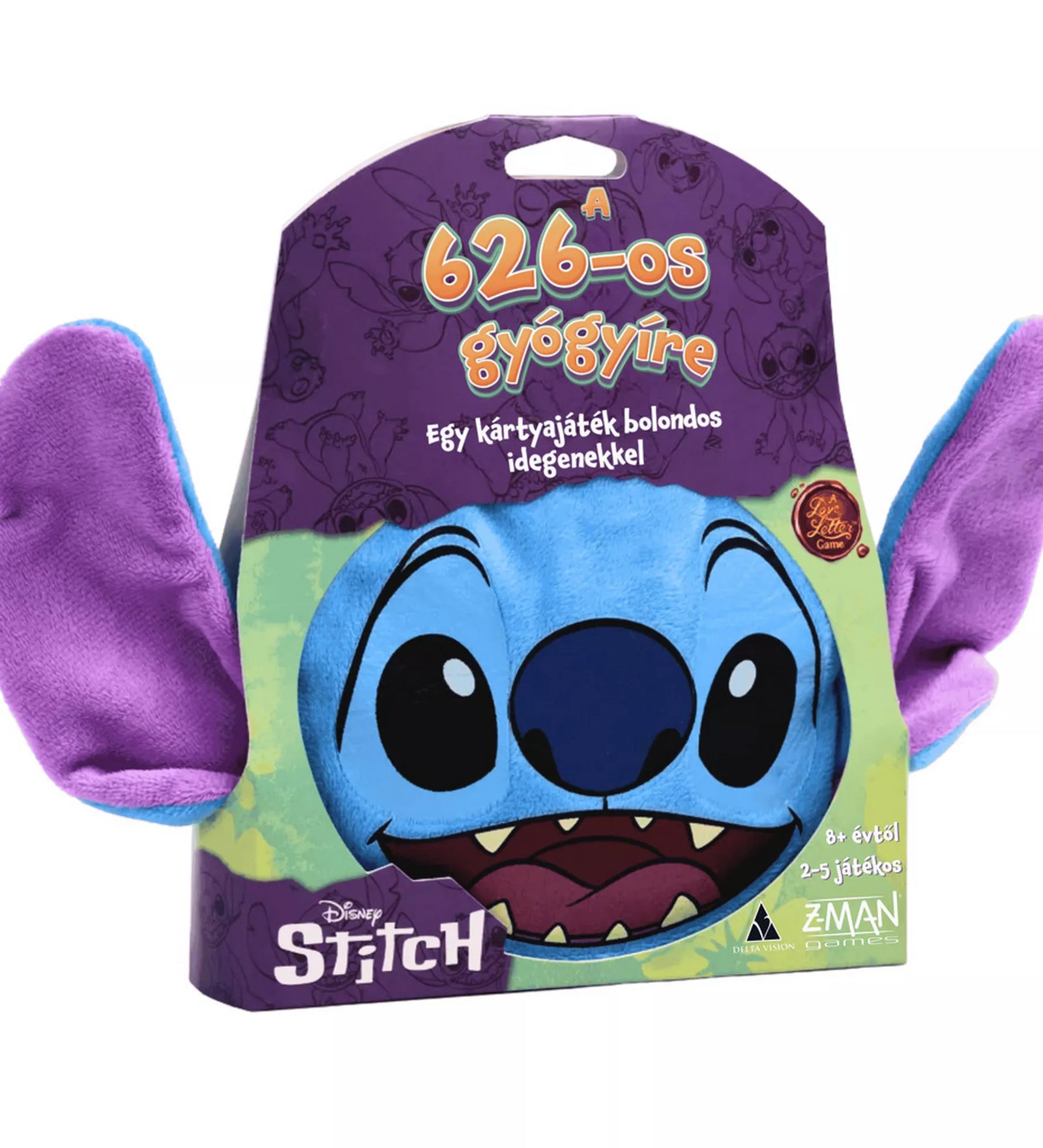 Disney Stitch: A 626-os gyógyíre – Egy Szerelmes Levél kártyajáték doboza, Stitch nagy mosolygó arcképével, lila színvilágban, puha fülrészletekkel, 2–5 játékos számára.