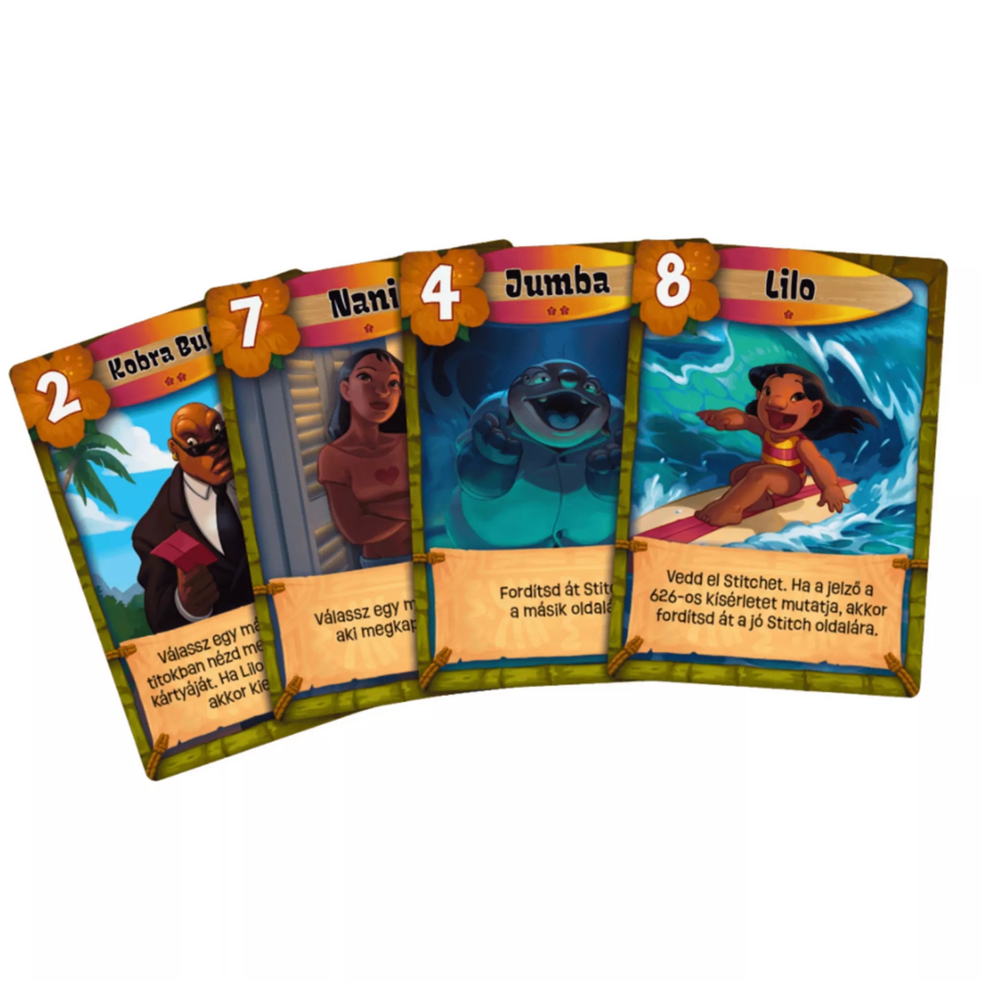 Disney Stitch: A 626-os gyógyíre kártyajáték szereplőkártyái legyezős elrendezésben, Kobra Bubbles, Nani, Jumba és Lilo karakterekkel, értékjelölésekkel és magyar szöveggel.