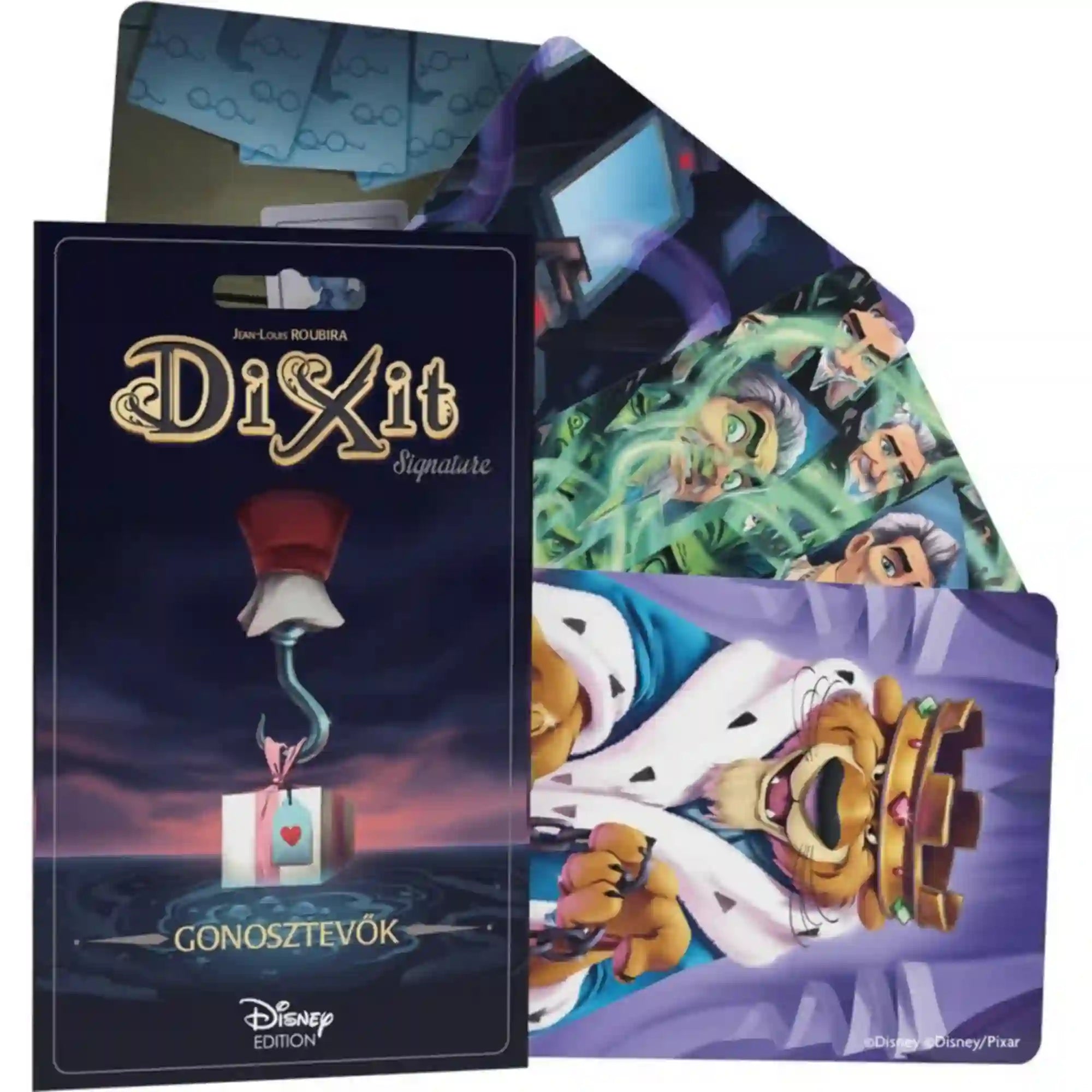 Dixit: Gonosztevők magyar nyelvű kiegészítő doboza, mellette négy színes, Disney-gonosztevőket ábrázoló illusztrált kártyával.