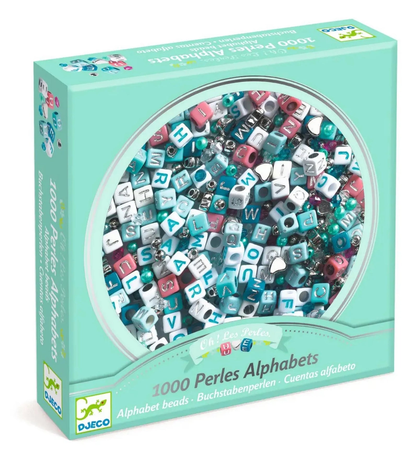 A Djeco 1000 Perles Alphabets doboza, benne színes betűgyöngyökkel és díszítő elemekkel, kör alakú átlátszó ablakon keresztül.