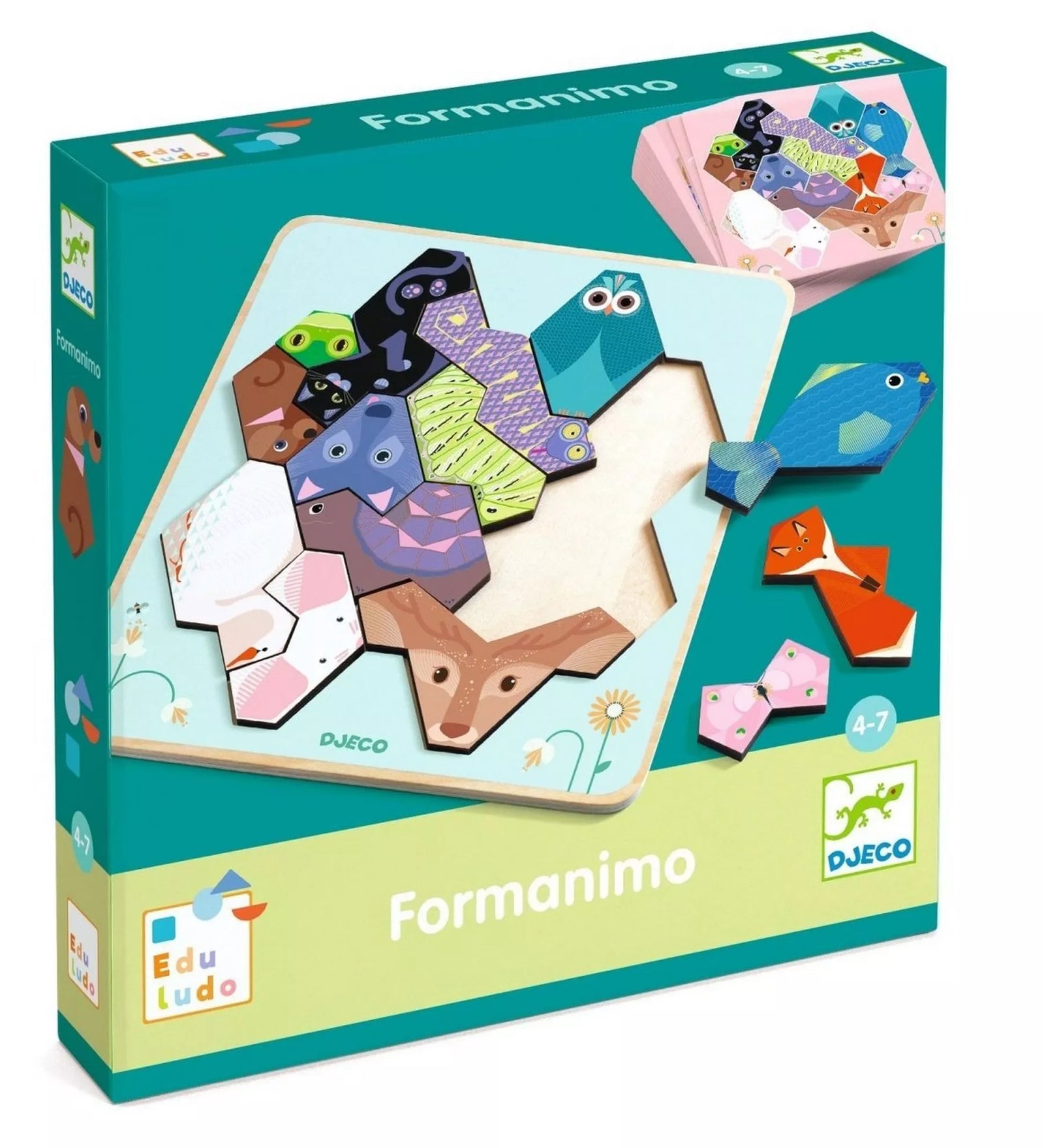 A Djeco Állati logika! Fejlesztő játék doboza, amelyen színes, geometriai formákból összeállított állatok láthatók. A csomag az Edu Ludo sorozat része, 4–7 éves gyerekek számára ajánlott. A doboz előlapja bemutatja a fa alapot és az állatfigurákból kirakható mintákat.
