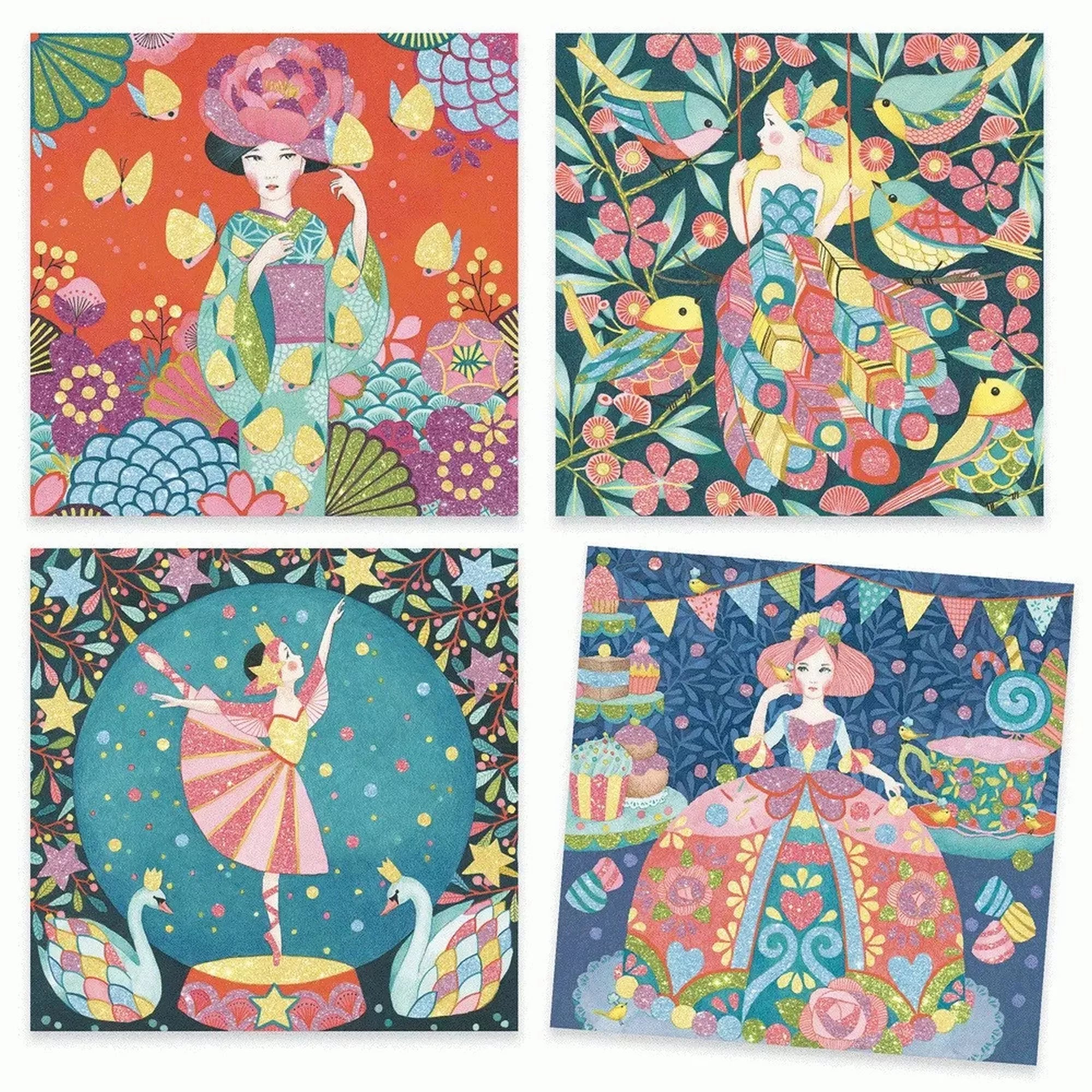 Daydream csillámporos készlet négy művészi illusztrációja: egy nagy virágkoronás hölgy piros háttéren, egy madarakkal körülvett lány színes ruhában, egy balerina két hattyúval, valamint egy hercegnős jelenet édességekkel és díszletekkel. Mindegyik kép élénk színekben és csillogó részletekkel készült.