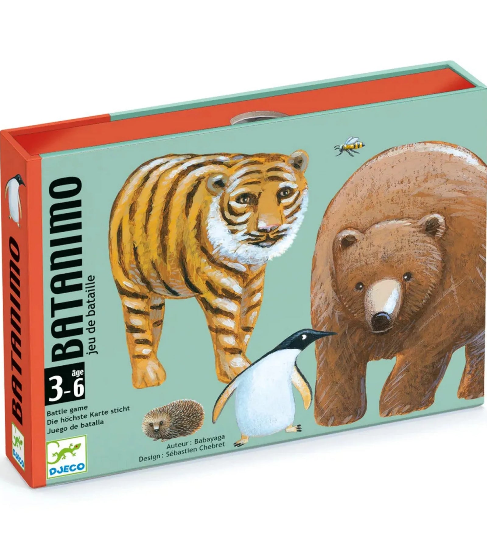 A Djeco Batanimo kártyajáték doboza tigris, jegesmedve, pingvin, sün és méh illusztrációival, zöld alapon, narancssárga belsővel, 3–6 éves korosztálynak ajánlva.