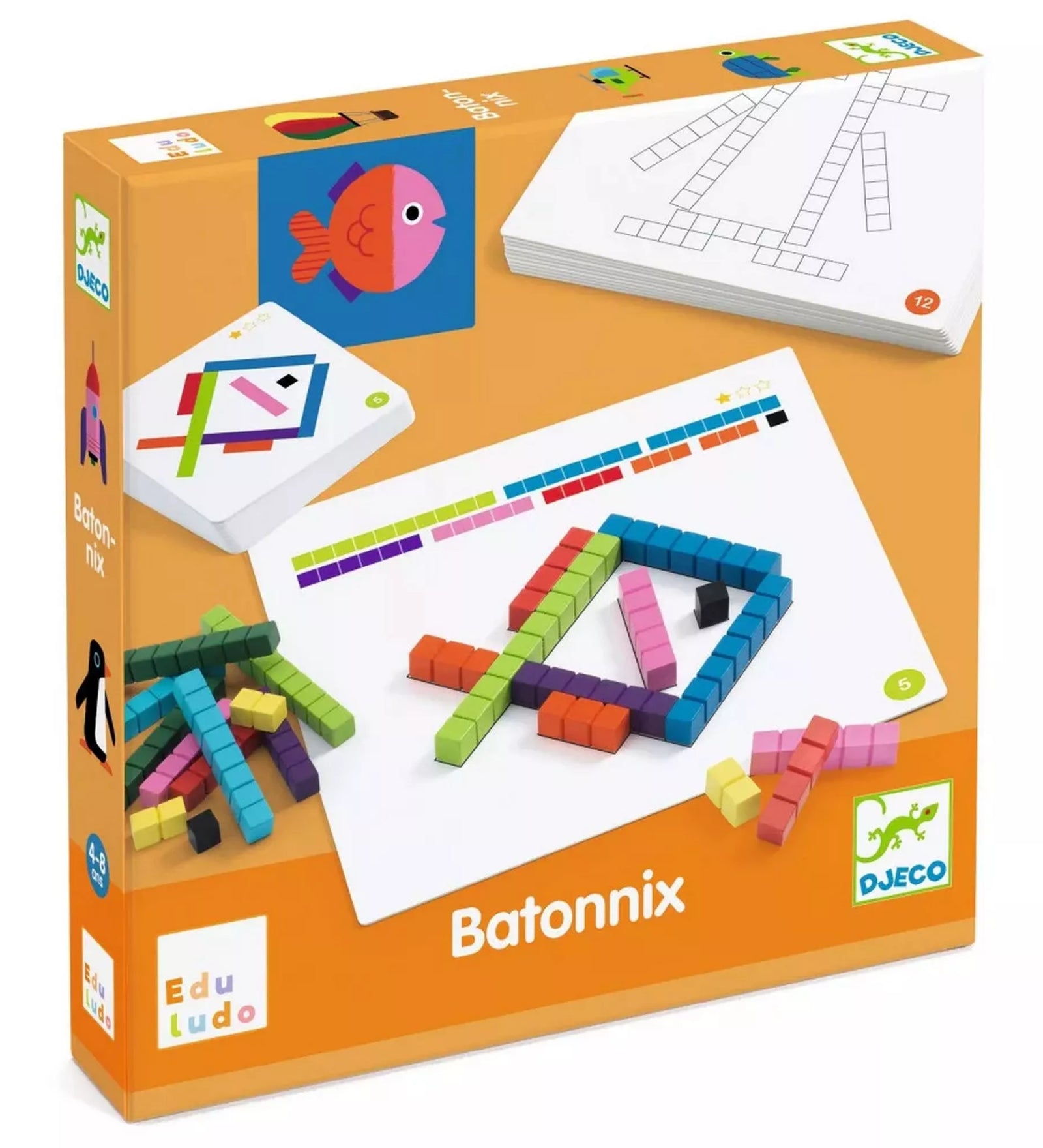 Djeco Batonnix! Játék a mérőrudakkal doboza – Narancssárga csomagolású oktatójáték, amely színes fa mérőrudakat és illusztrált kártyákat tartalmaz formák építéséhez.