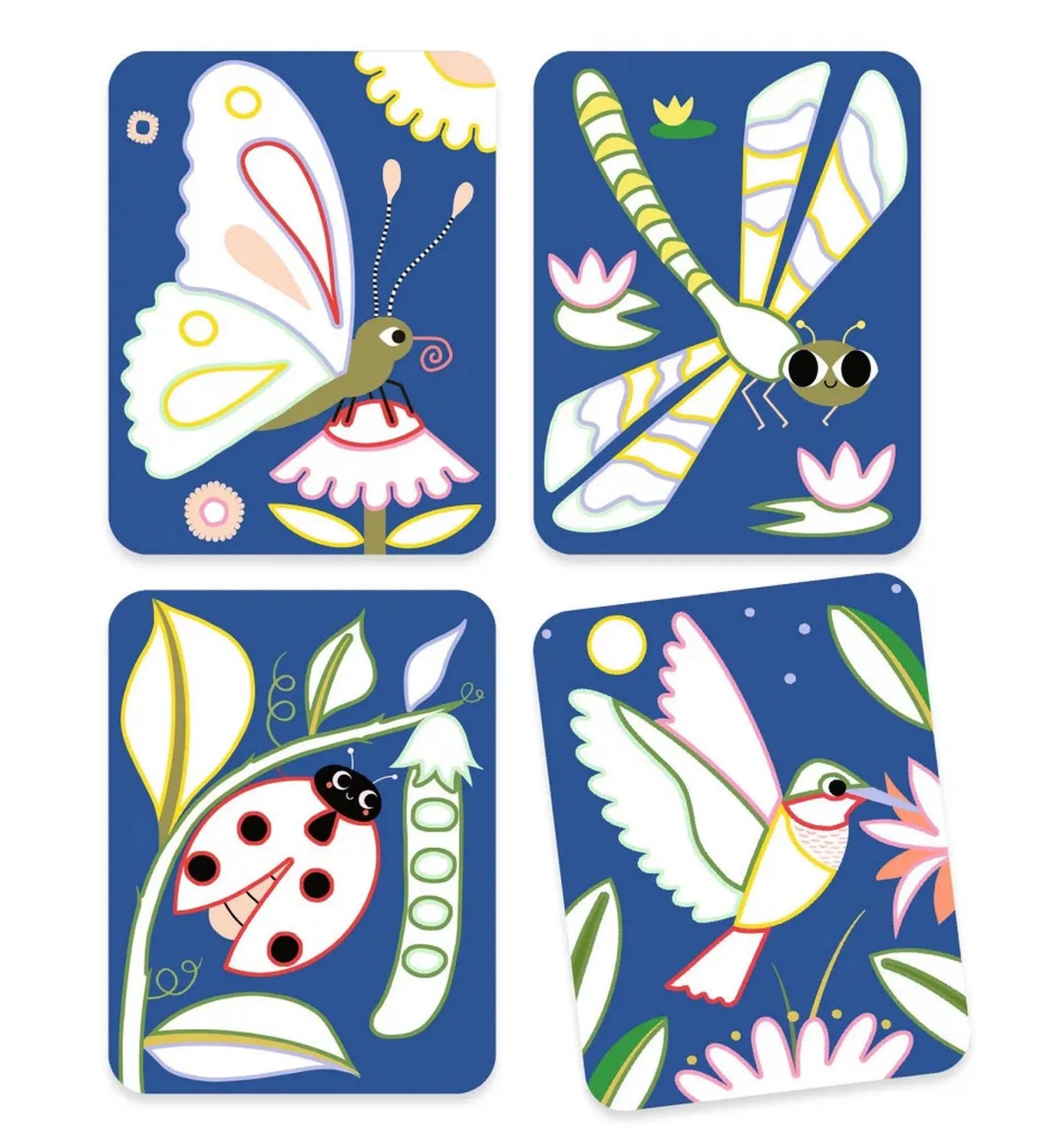 Négy színes, bogaras és madaras illusztráció: pillangó, szitakötő, katicabogár és kolibri virágos háttérrel, a Djeco Palettás festés – Kertecskében készlet részeként.