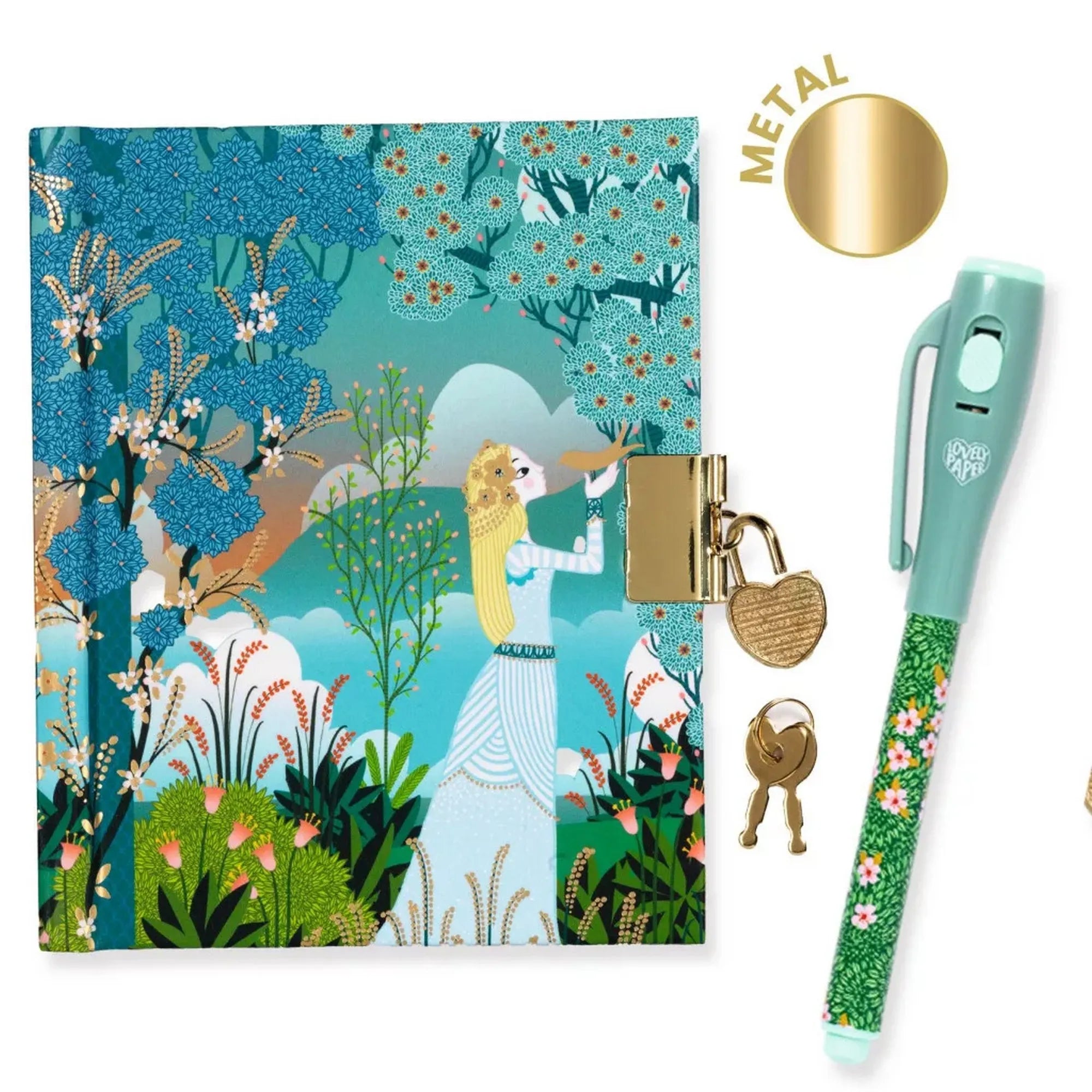 Djeco Charlotte titkos naplója varázs tollal: zárható, tündéres borítójú napló aranyszínű lakattal, kulcsokkal és virágmintás zöld varázstollal, fém díszítéssel.