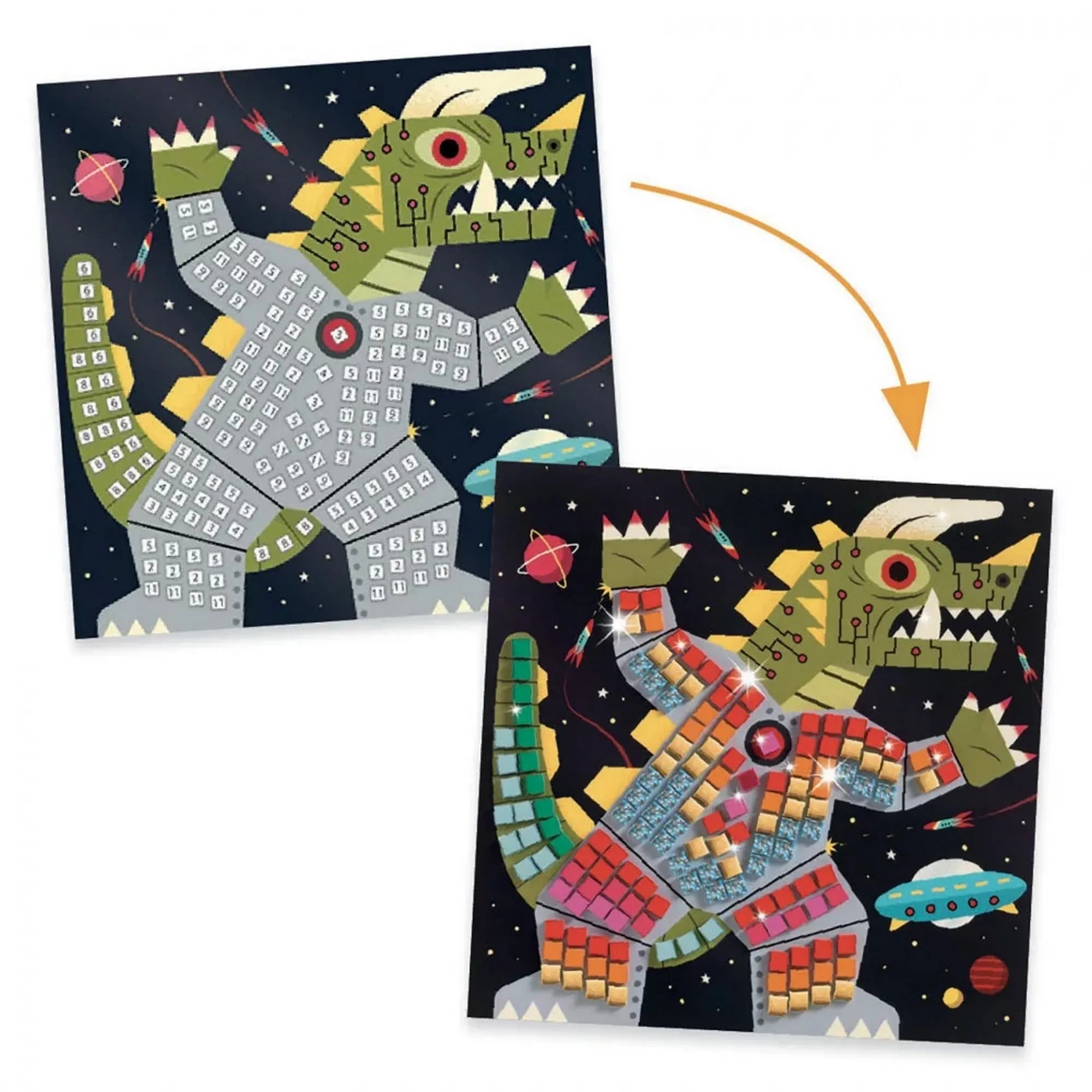 A Djeco Űrcsata csillogó mozaikkészítő (Space Battle) mozaikképeinek előtte-utána példája: egy szürke dínós űrszörny átalakul színes, csillogó mozaikokkal díszített, élénk alkotássá.