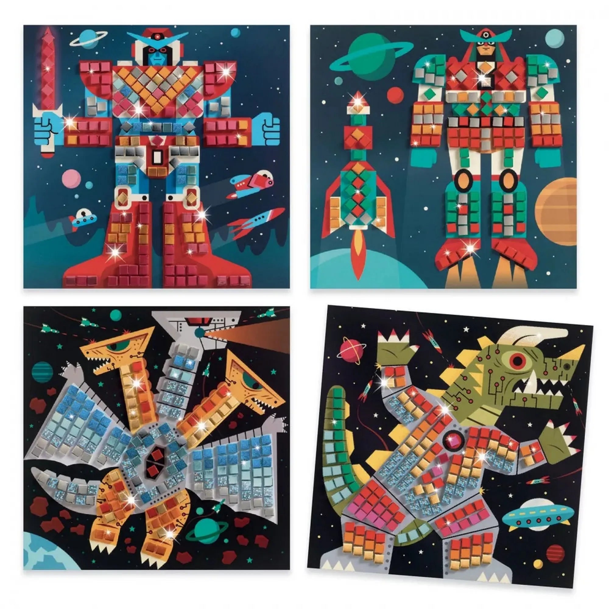 A Djeco Űrcsata csillogó mozaikkészítő (Space Battle) készlet négy elkészült mozaikképe: két robottal, egy rakétával és két szörnyeteggel, csillogó, színes fémes négyzetmatricákkal díszítve.