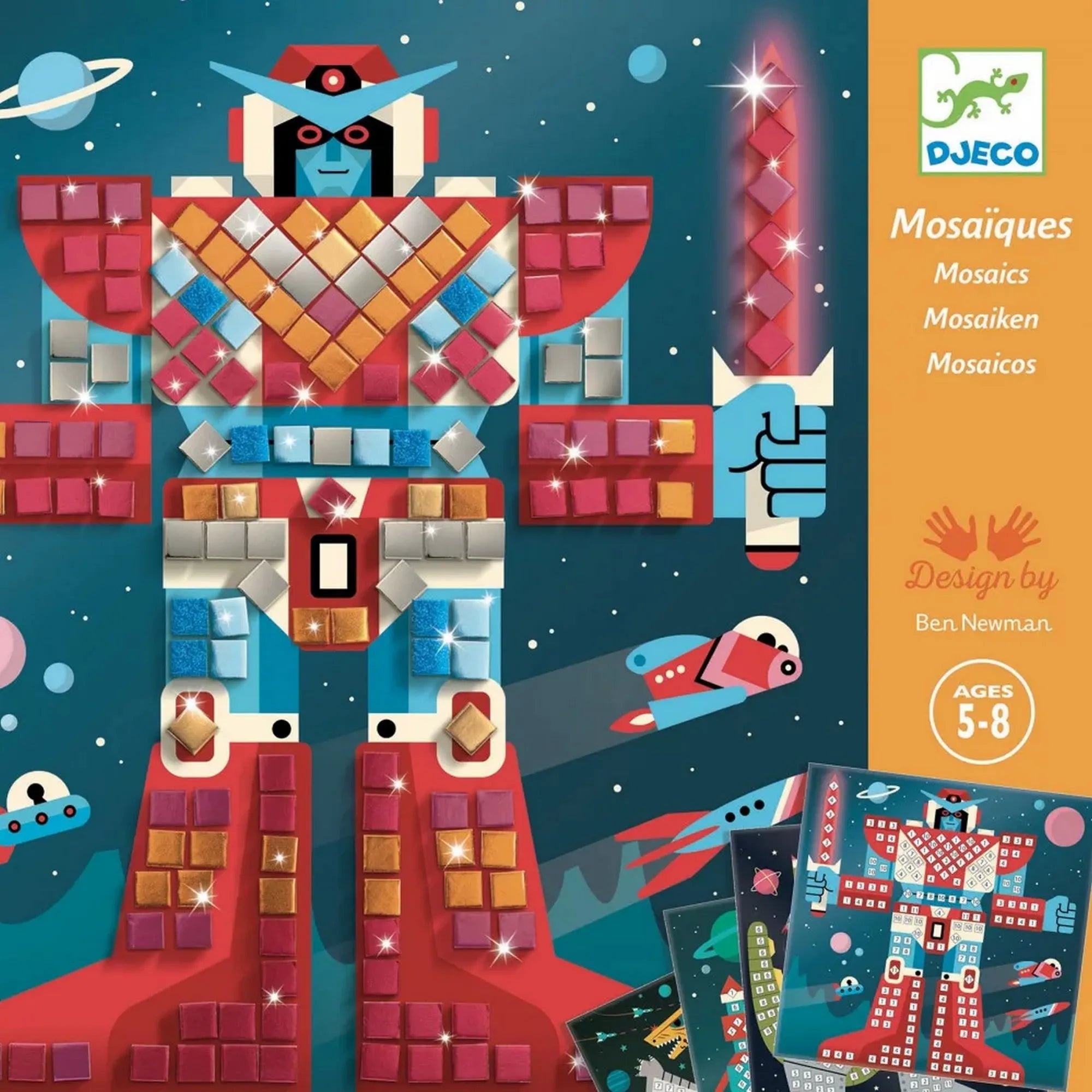 A Djeco Űrcsata csillogó mozaikkészítő (Space Battle) doboza, rajta egy színes mozaikrobot űrháttér előtt, csillogó fémes matricákkal és űrhajókkal, a készlet 5–8 éves korosztálynak ajánlott.
