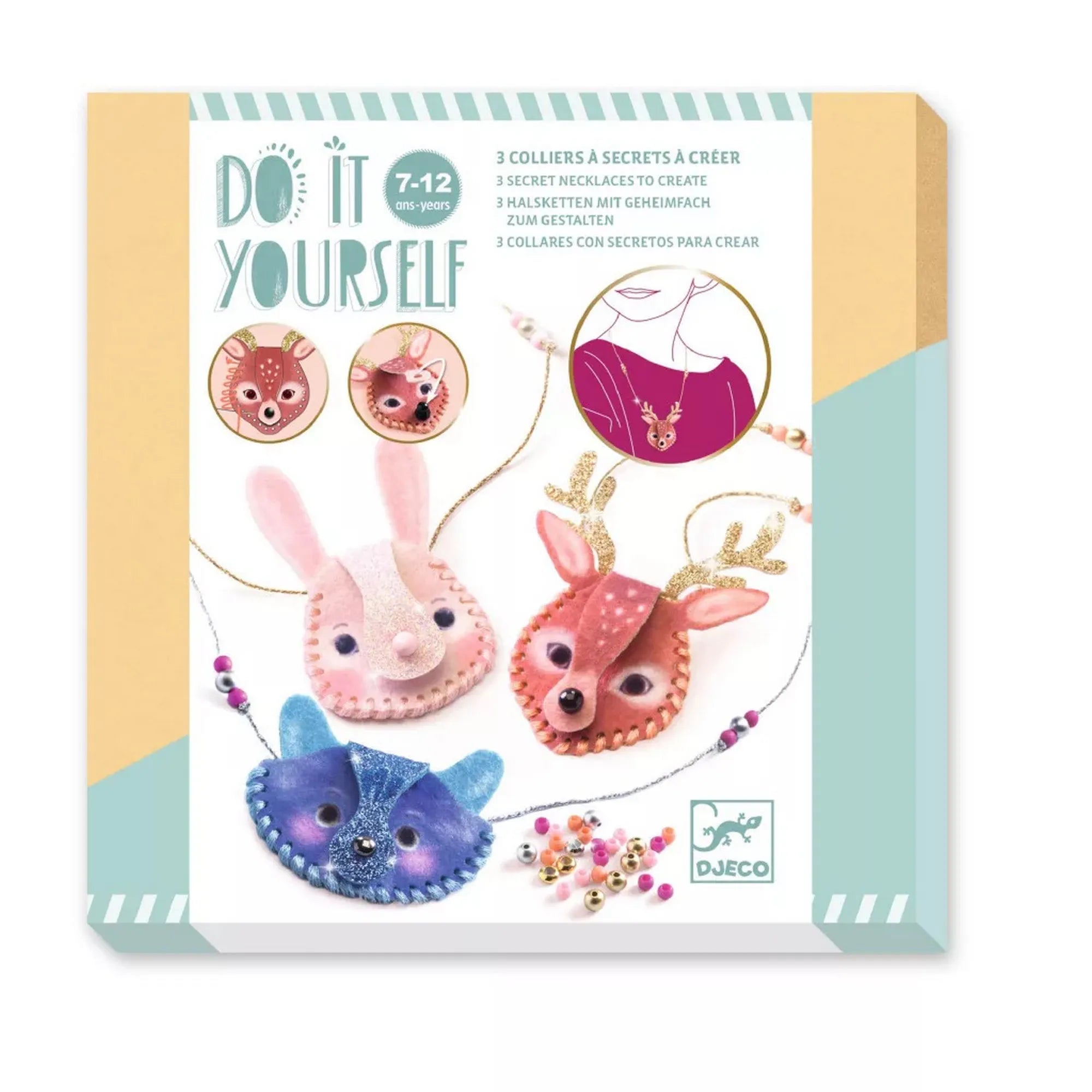 Djeco Csináld magad állatos nyaklánc készítő doboza, három aranyos állatfigurás, titkos nyaklánc elkészítéséhez.