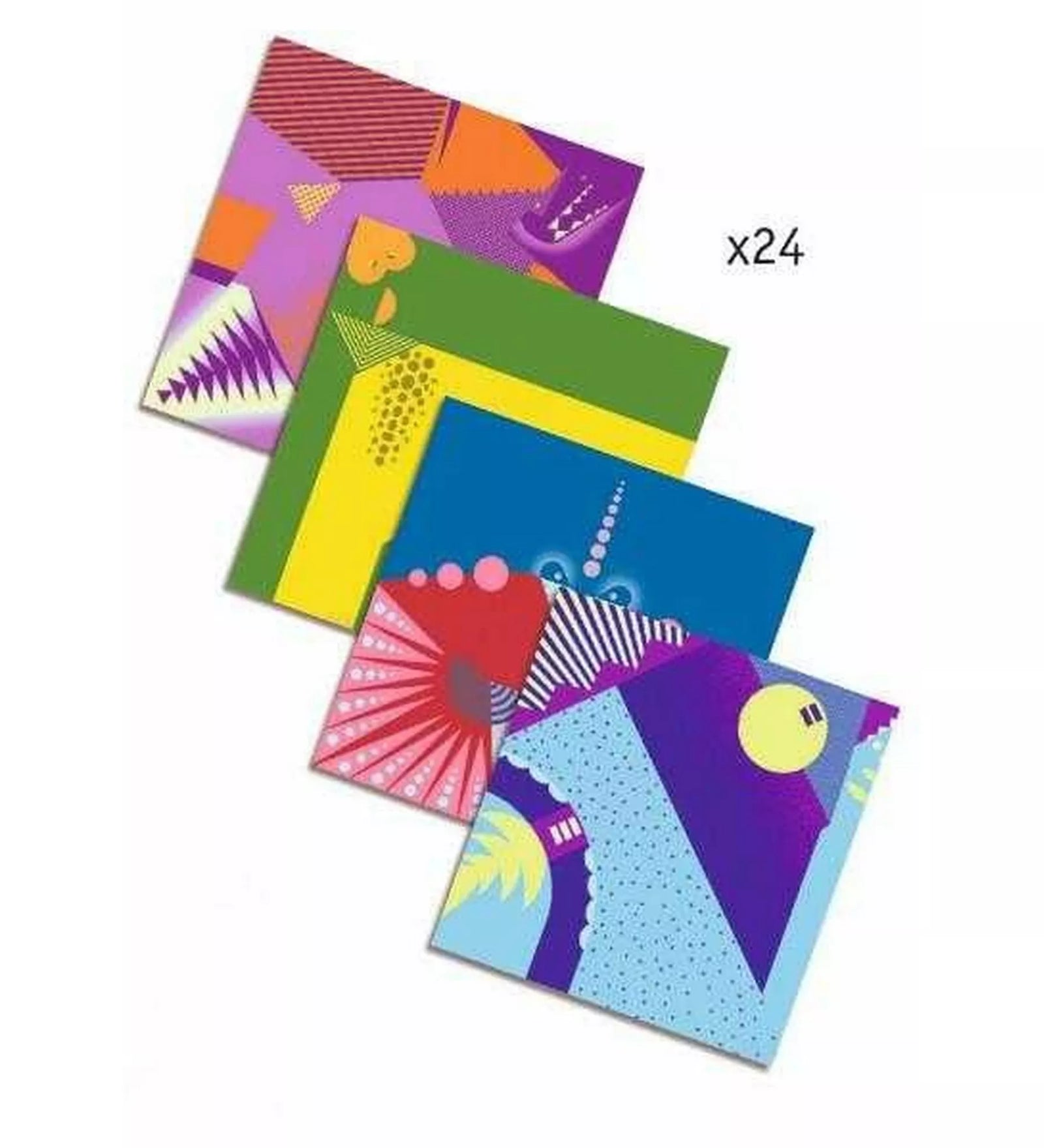 „A Djeco Dinoszauruszok origami készletben található 24 darab színes, mintás origamipapír: élénk lila, zöld, kék és türkiz geometrikus és dinoszaurusz-tematikájú grafikákkal.”