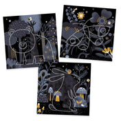 Djeco Éjszakai állatok, képalkotás lyukasztással – három sötét tónusú, erdei hangulatú alkotólap pontozott állatkontúrokkal és arany díszítésekkel.