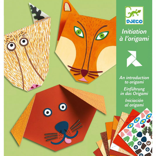 Djeco Erdei Állatok origami készlet bemutatóképe, róka, kutya és baglyos papírfigurákkal, matricás díszítéssel, gyermekeknek készült kreatív játék