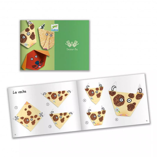 Djeco origami állatok útmutatófüzet belső oldala, lépésenkénti hajtogatási instrukciók gyerekeknek, tehén figura elkészítése