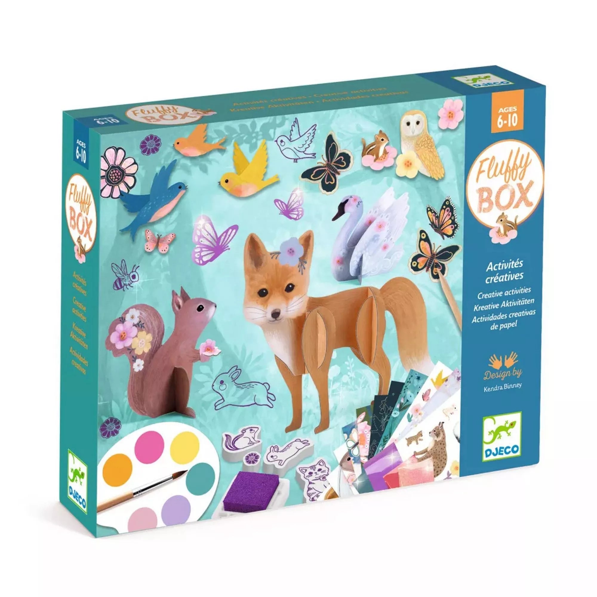Djeco Fluffy! Erdei kreatív boksz doboz színes állatos illusztrációval és festőkészlettel.