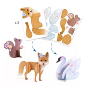 Djeco Fluffy! 3D állatfigurák összeállítása: róka, mókus és hattyú papírelemekből.
