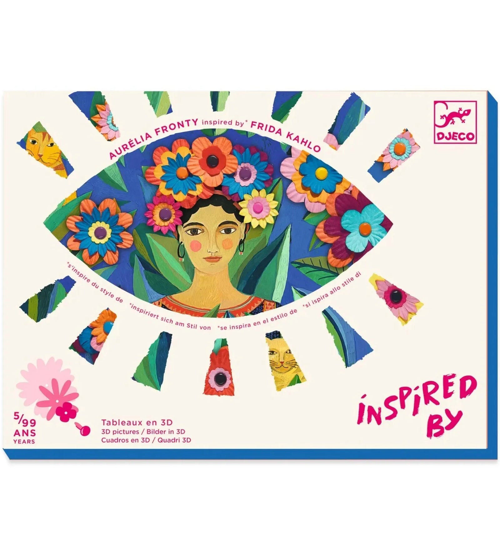 Set creativ Inspired by Frida Kahlo Djeco kreatív készlet doboza, Frida Kahlo stílusában készült női portréval és térbeli papírvirág dekorációval