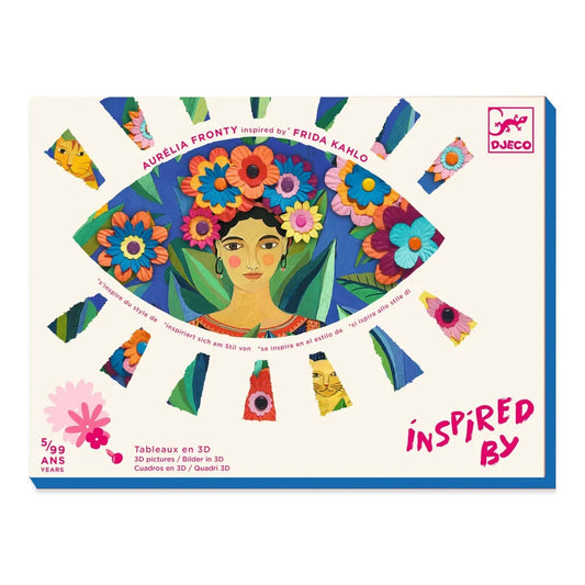 Set creativ Inspired by Frida Kahlo Djeco kreatív készlet doboza, Frida Kahlo stílusában készült női portréval és térbeli papírvirág dekorációval