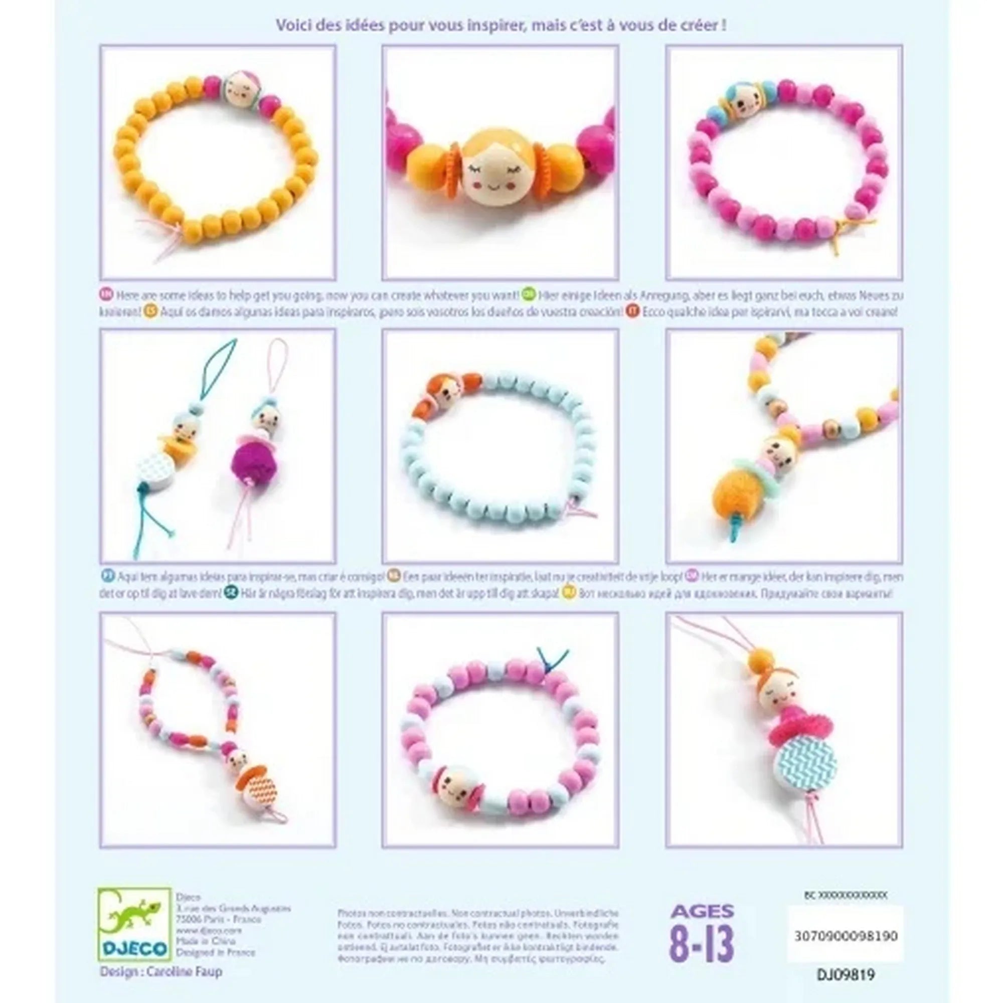 Gyöngyök és figurák – Gyöngyfűző készlet, Djeco: inspirációs ötletek különféle karkötő- és figuradísz mintákkal, élénk színekben összeállítva.