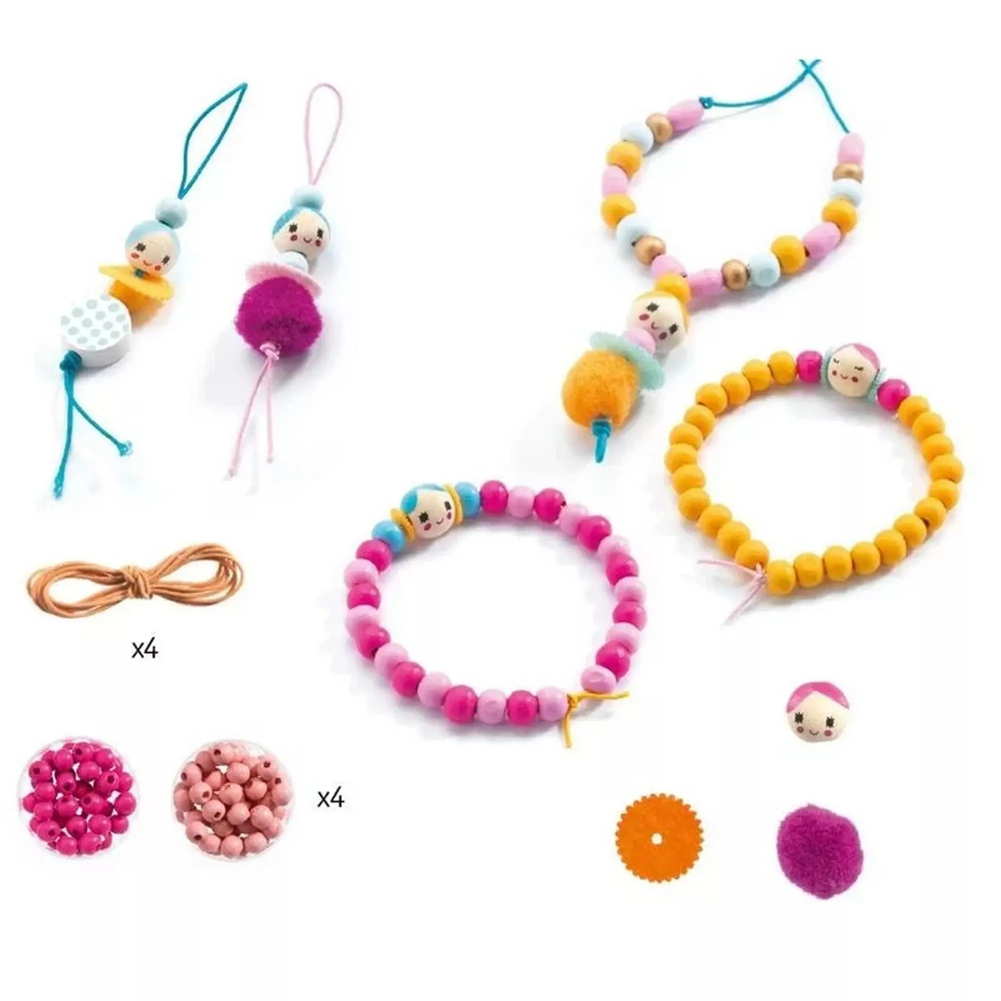 Gyöngyök és figurák – Gyöngyfűző készlet, Djeco: készíthető karkötők és figuradíszek bemutatva színes gyöngyökkel, fonalakkal és mosolygós fejekkel.