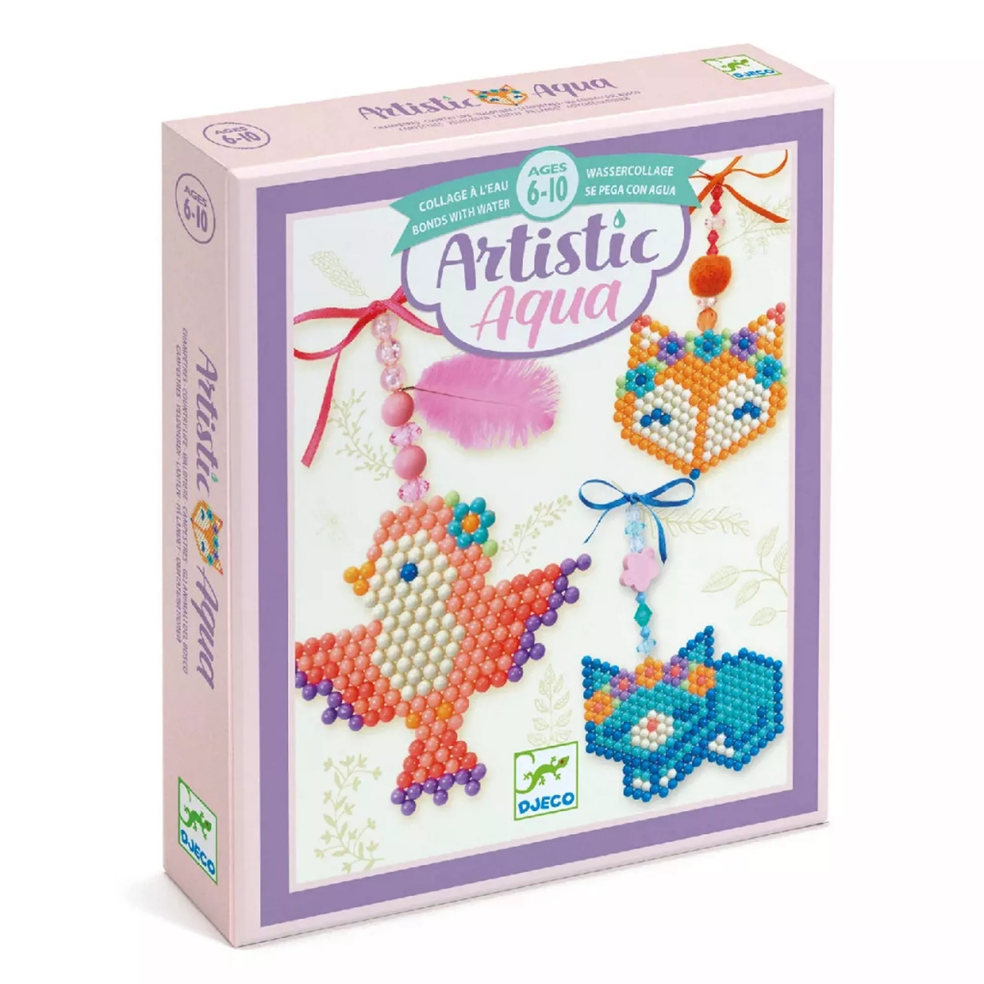Djeco Artistic Aqua Country Charm kreatív gyöngykép készlet doboza, vízzel összetapadó gyöngyös függődíszekkel, 6–10 éveseknek