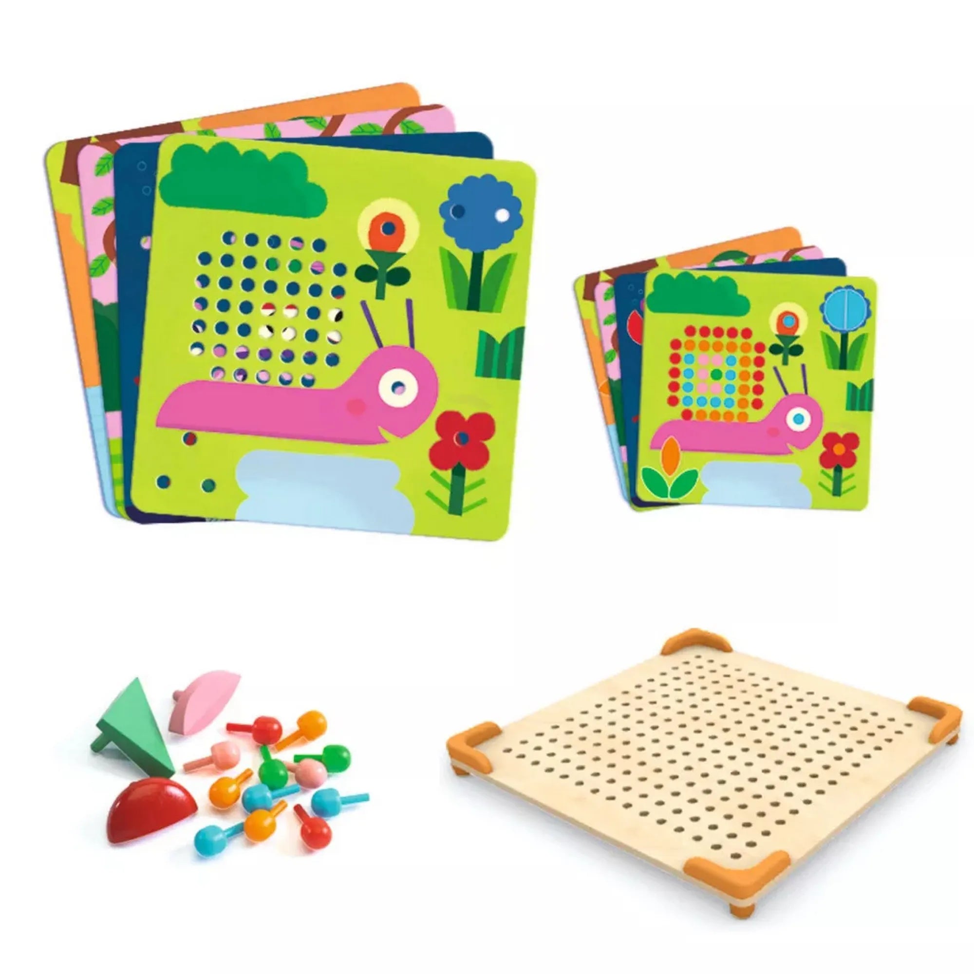 Djeco Kis állatok mozaik készítő – Mintakártyák, fa alaplap és színes peckek a mozaikkészítő játék elemei.