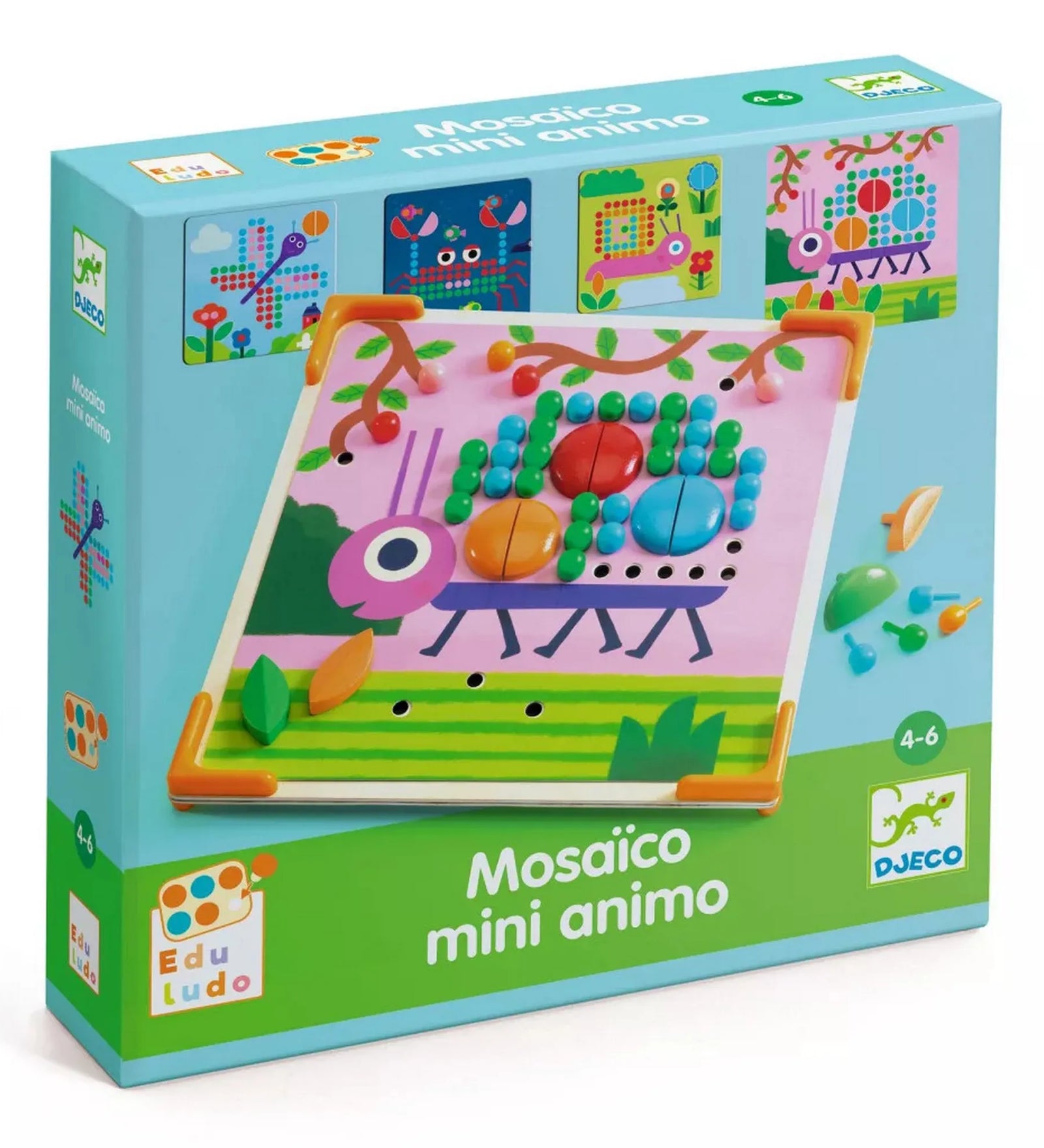 Djeco Kis állatok mozaik készítő – A játék doboza és a kész mozaik tábla színes, állatos mintával.