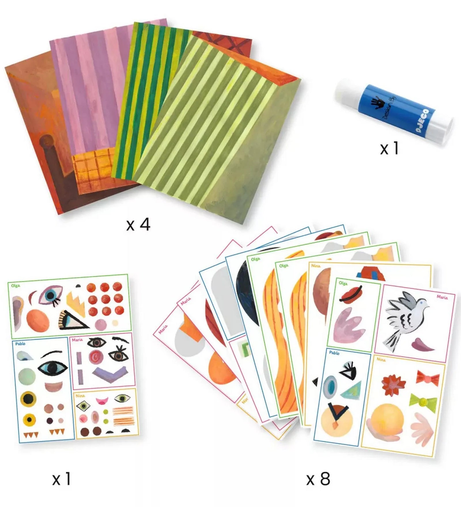 Atelier creativ Cap pătrat Inspired by Picasso Djeco készlet tartalma: 4 illusztrált alaplap, 7 matricalap, ragasztó és geometrikus formákból álló elemek