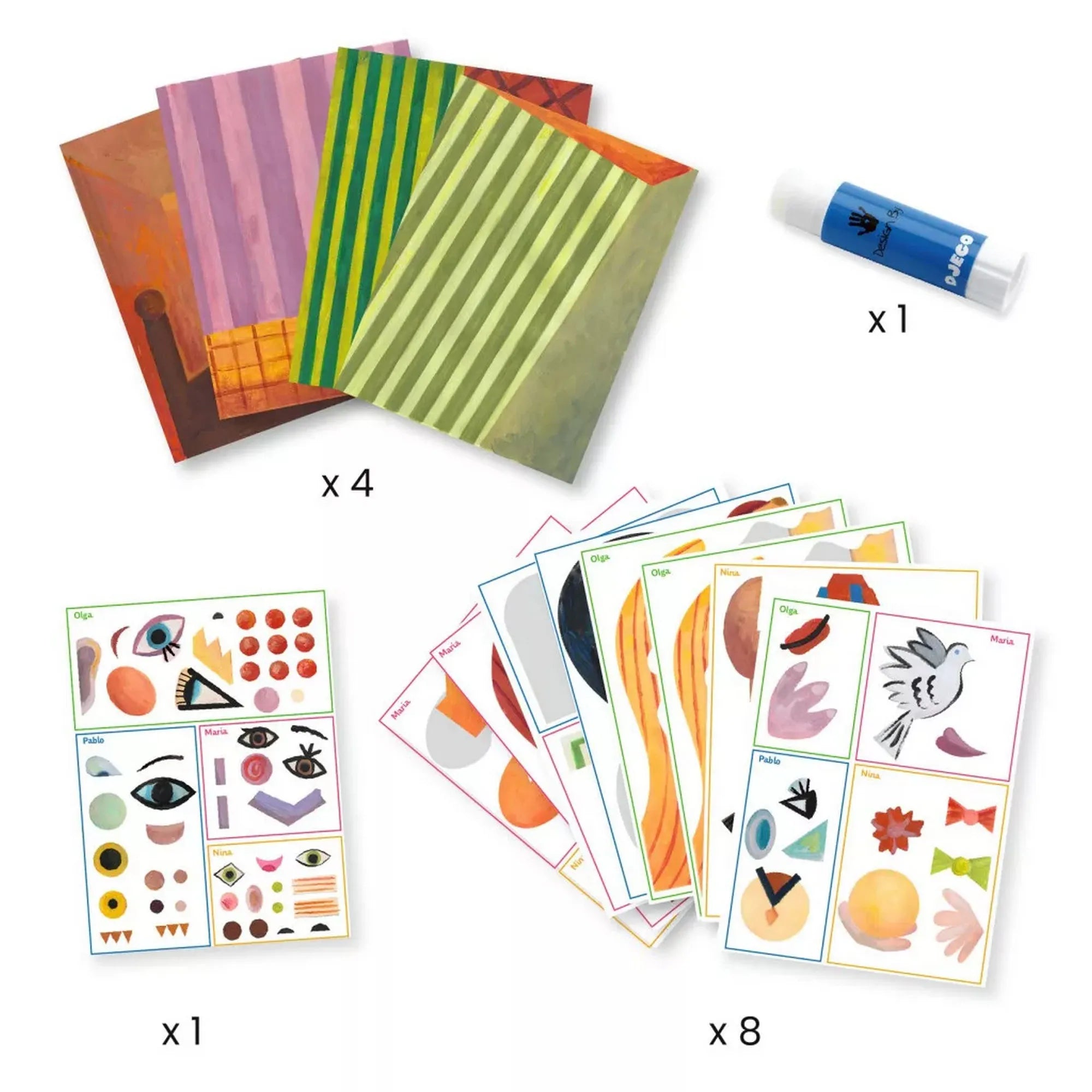 Atelier creativ Cap pătrat Inspired by Picasso Djeco készlet tartalma: 4 illusztrált alaplap, 7 matricalap, ragasztó és geometrikus formákból álló elemek