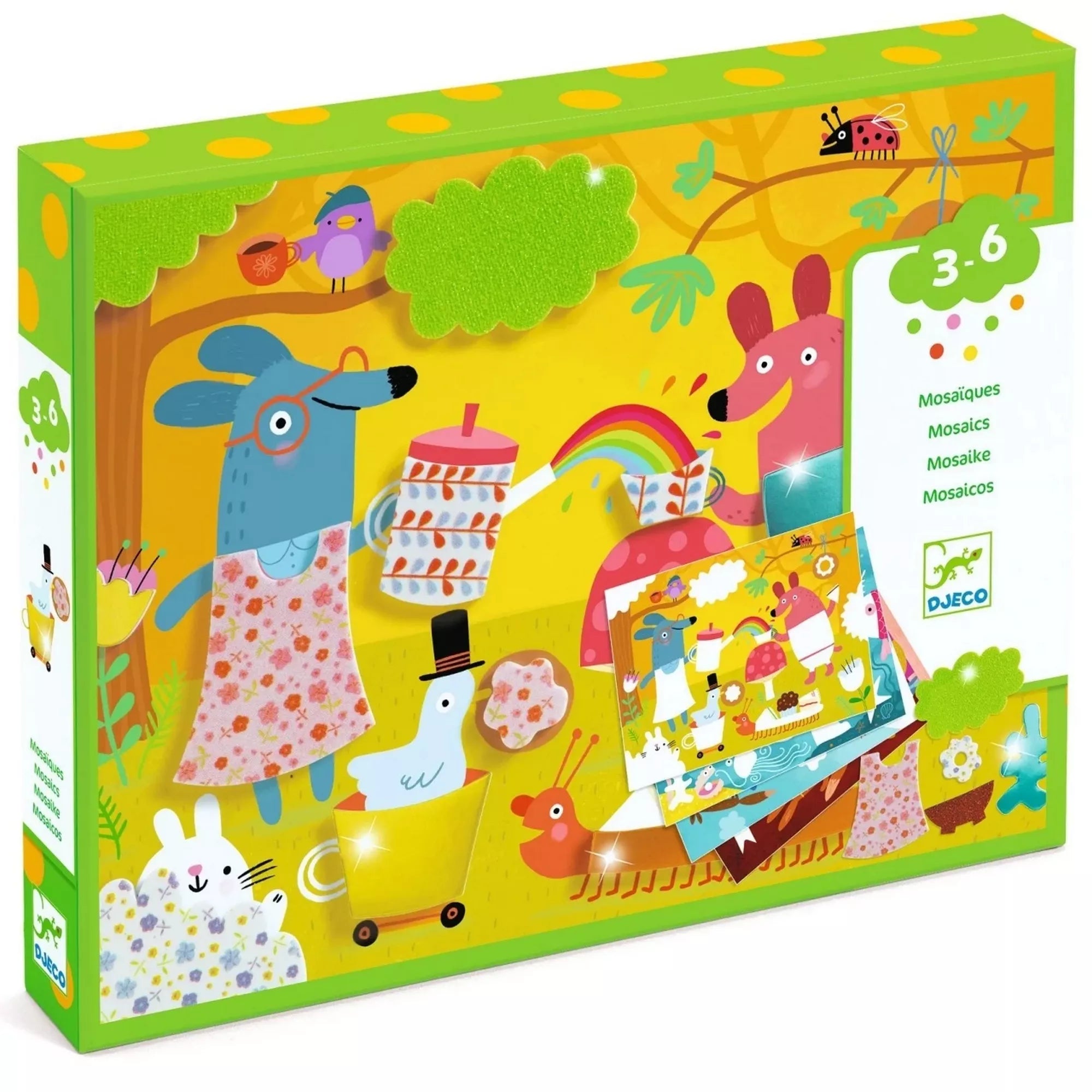 Djeco kreatív műhely kollázs öntapadós habszivaccsal készlet doboza, színes illusztrációval, vidám állatszereplőkkel és 3–6 éves korosztály megjelöléssel