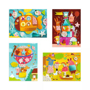 Djeco kreatív kollázs készlet elkészült mintaképei, színes állatos jelenetekkel, habszivacs elemekkel díszítve, mozaikos hatású alkotások