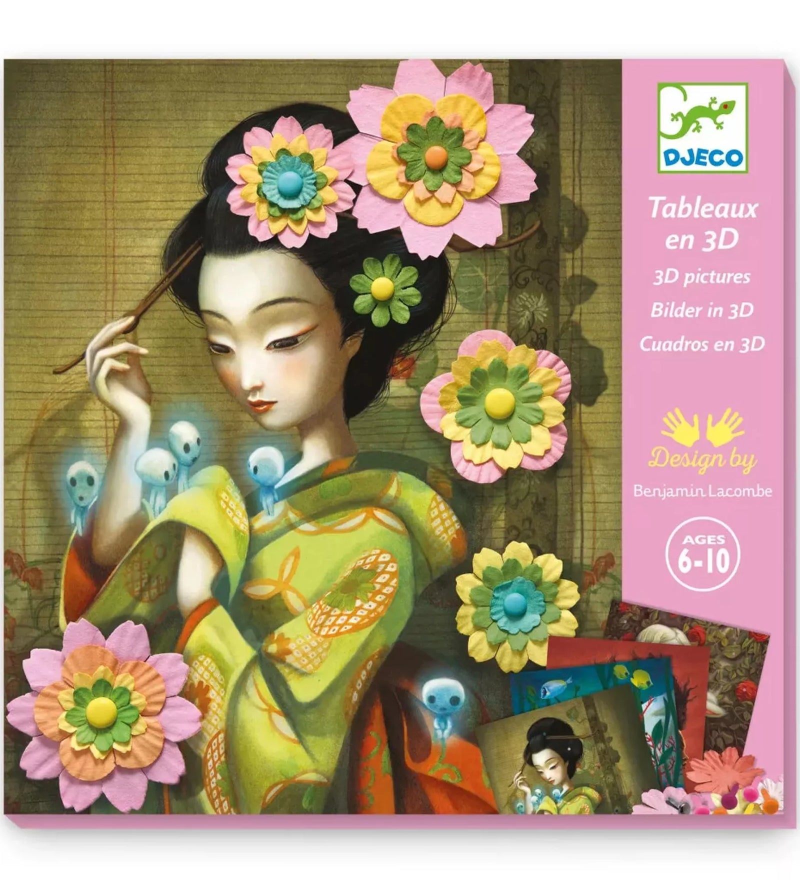 Decor floral 3D kreatív készlet doboza, Benjamin Lacombe illusztrációval és 3D papírvirág dekorációval