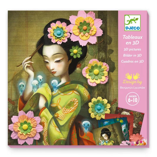 Decor floral 3D kreatív készlet doboza, Benjamin Lacombe illusztrációval és 3D papírvirág dekorációval