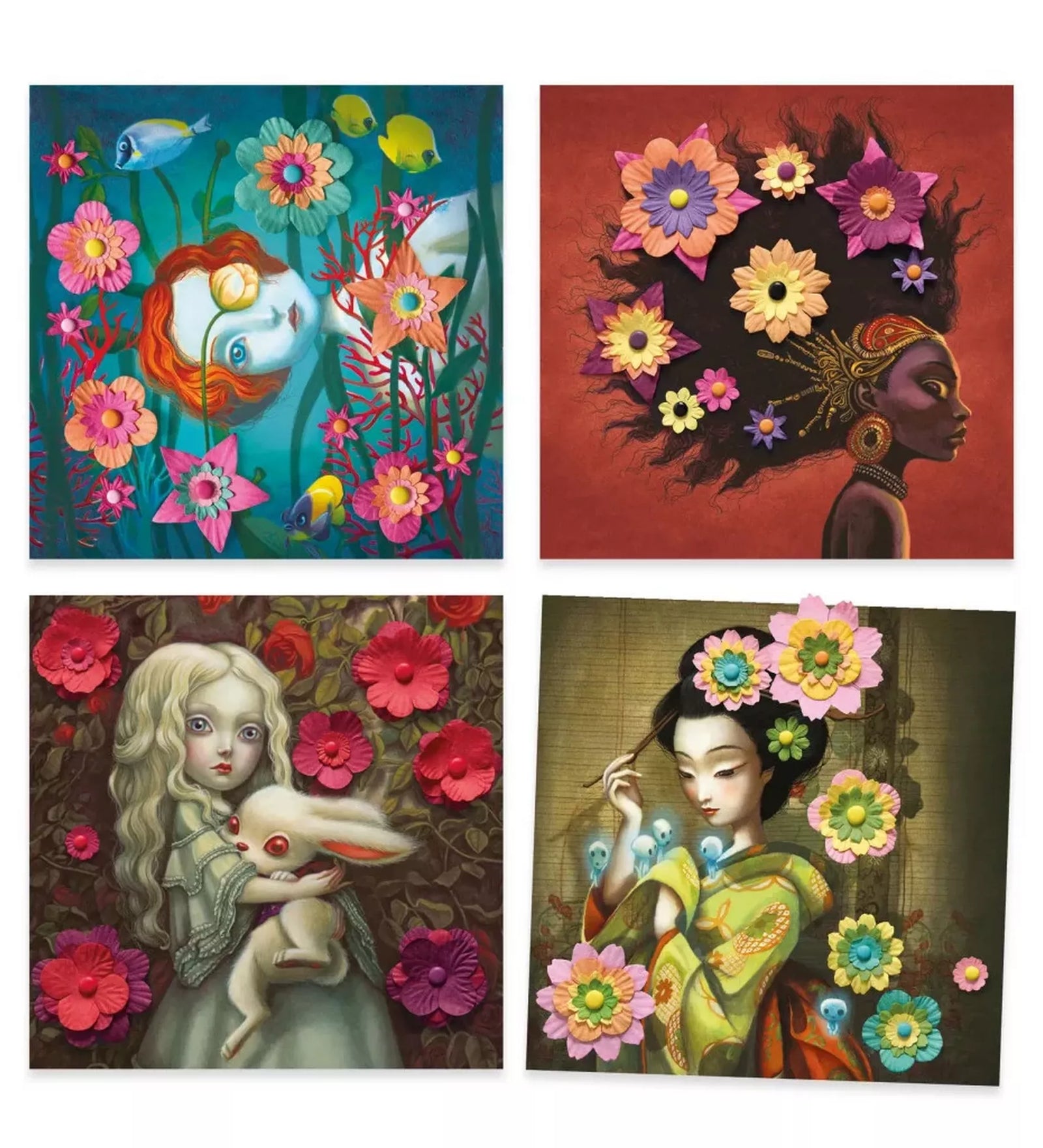Decor floral 3D készlet négy elkészült portréja, papírvirágokkal díszített művészi illusztrációk