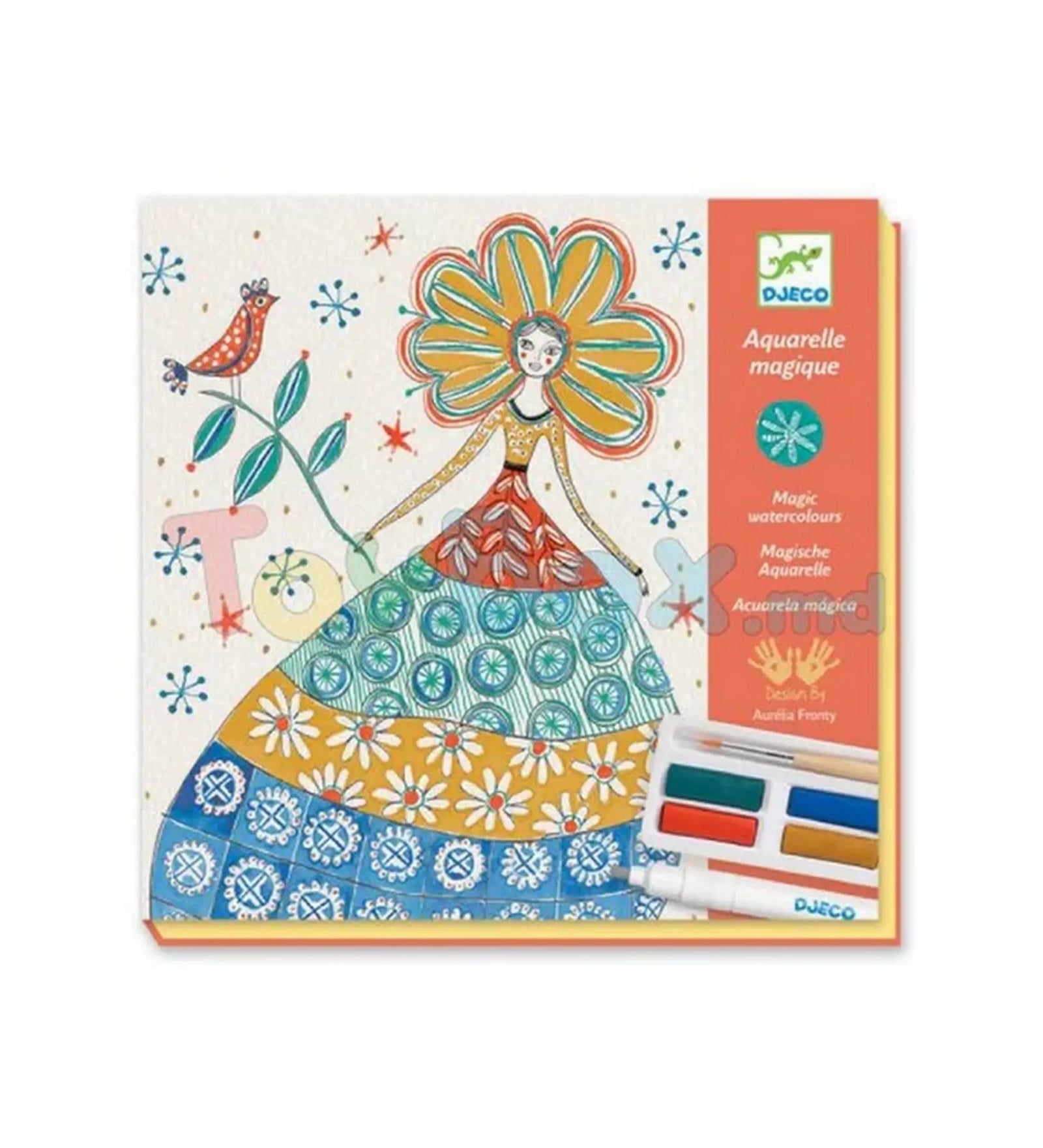 Djeco Aquarelle Magique varázslatos akvarellfestő készlet csomagolása, amely elegáns, virágmintás ruhás hölgyeket ábrázol.