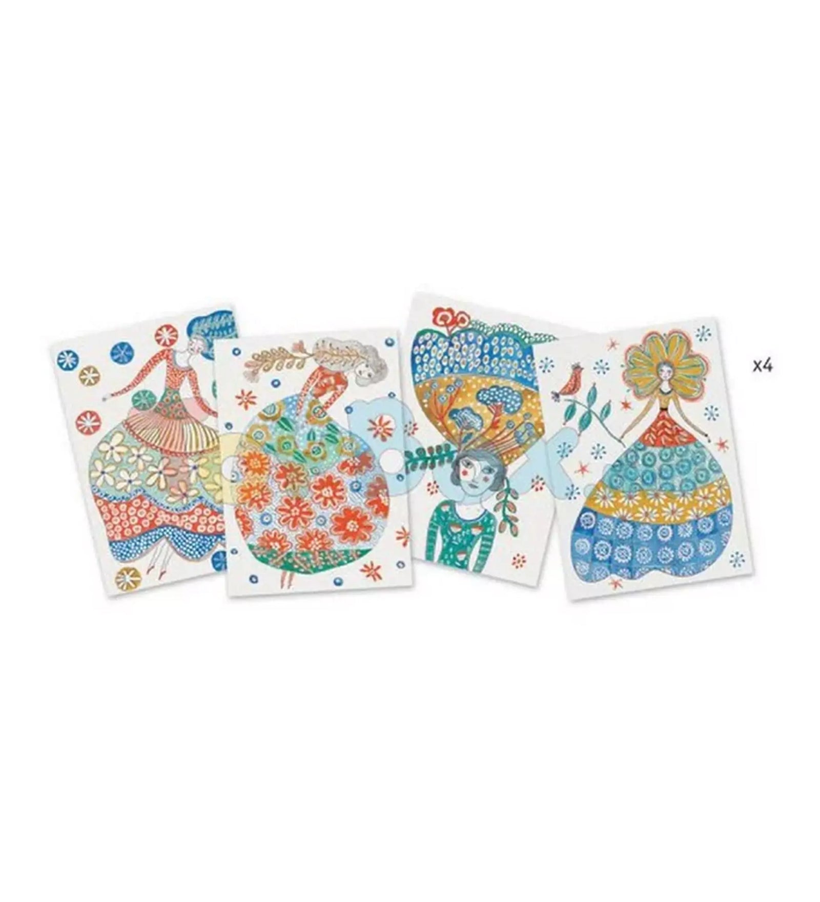 Djeco Aquarelle Magique készlet tartalma – 4 különböző, díszes ruhás hölgyeket ábrázoló festőlap akvarell technikához.