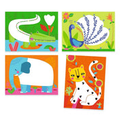 Djeco "Draw Dots" festőjátékhoz tartozó különböző állatos sablonok, köztük krokodil, páva, elefánt és jaguár.